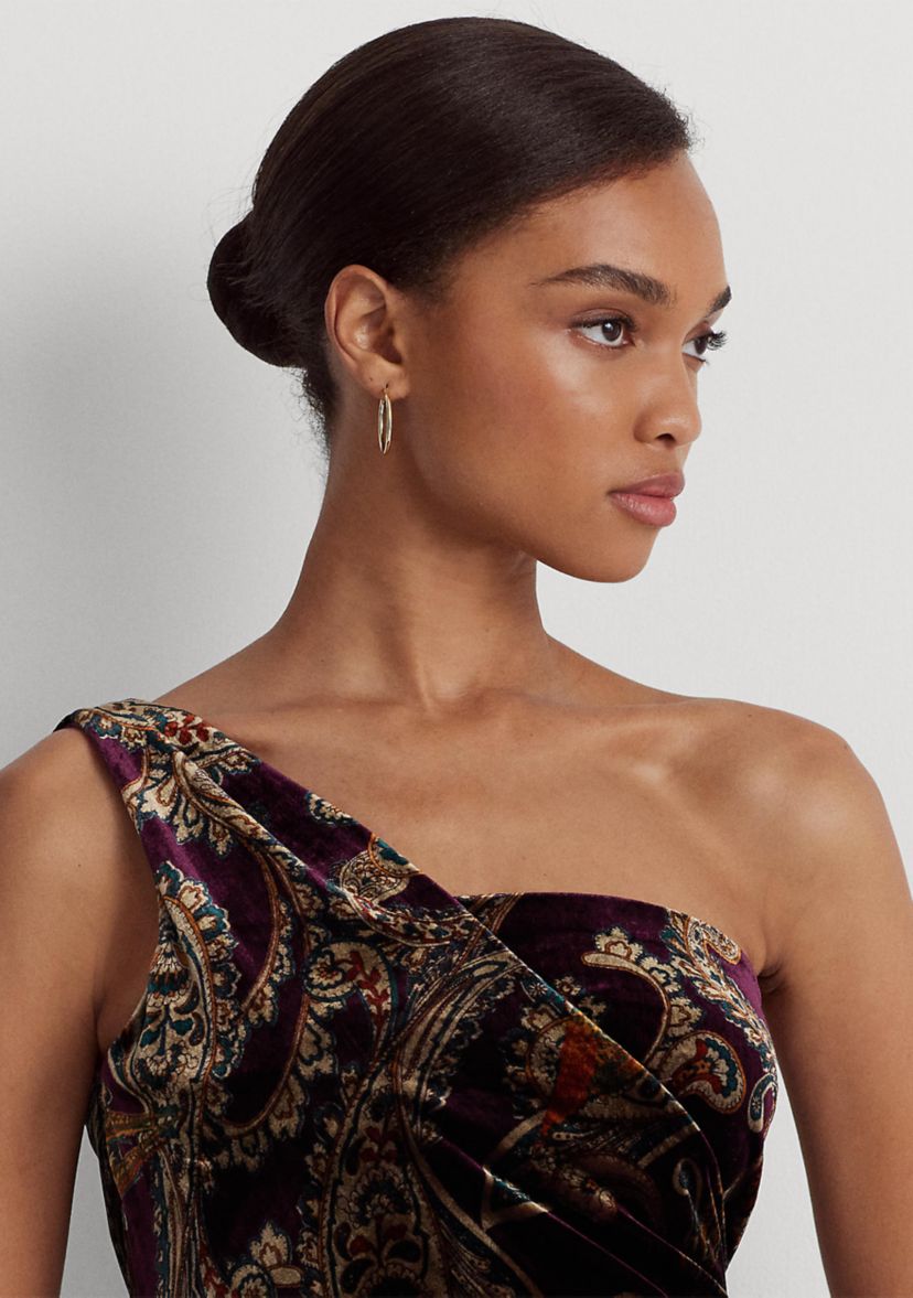 Print Velvet One-Shoulder Cocktail Dress
