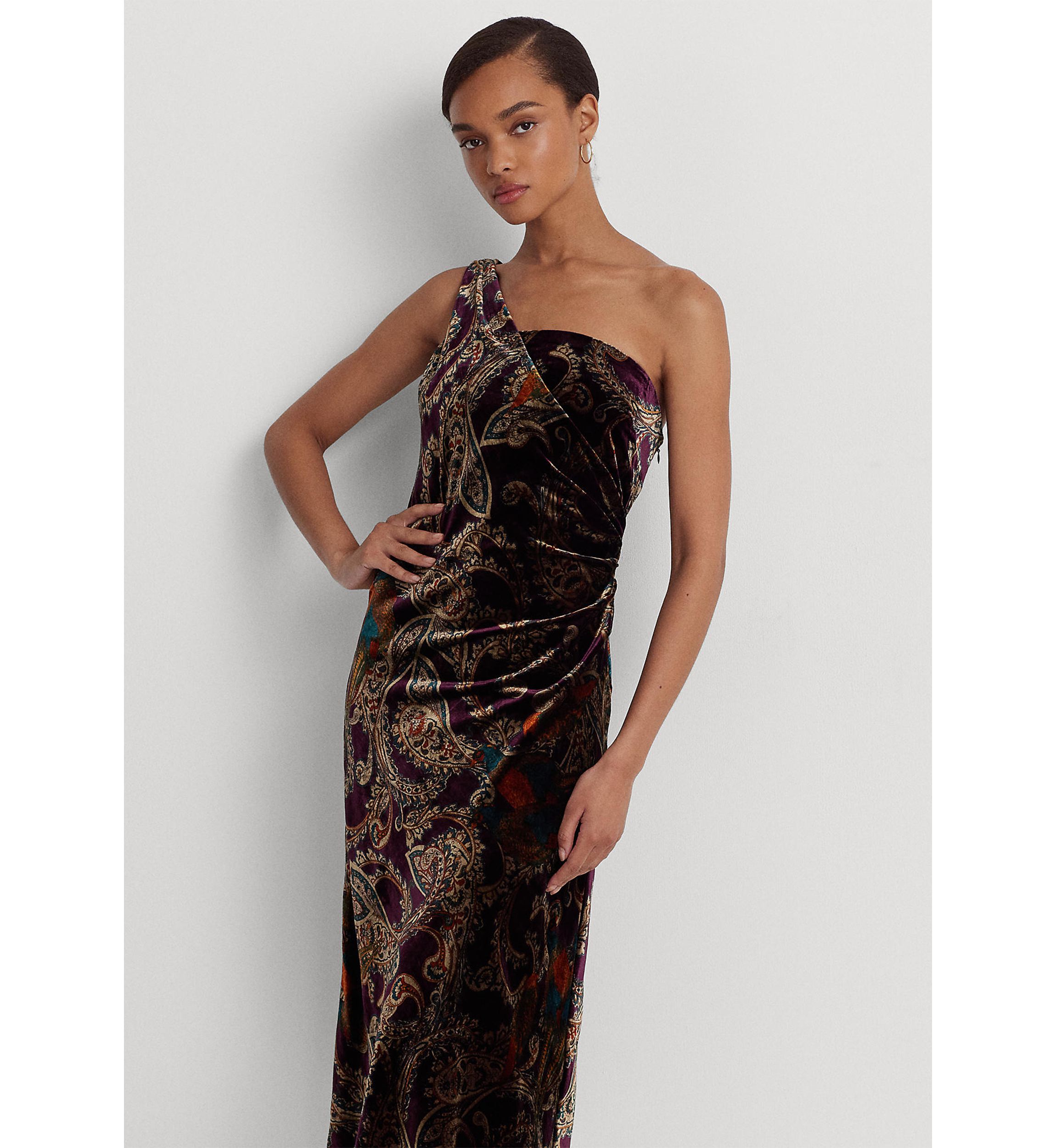 Print Velvet One-Shoulder Cocktail Dress