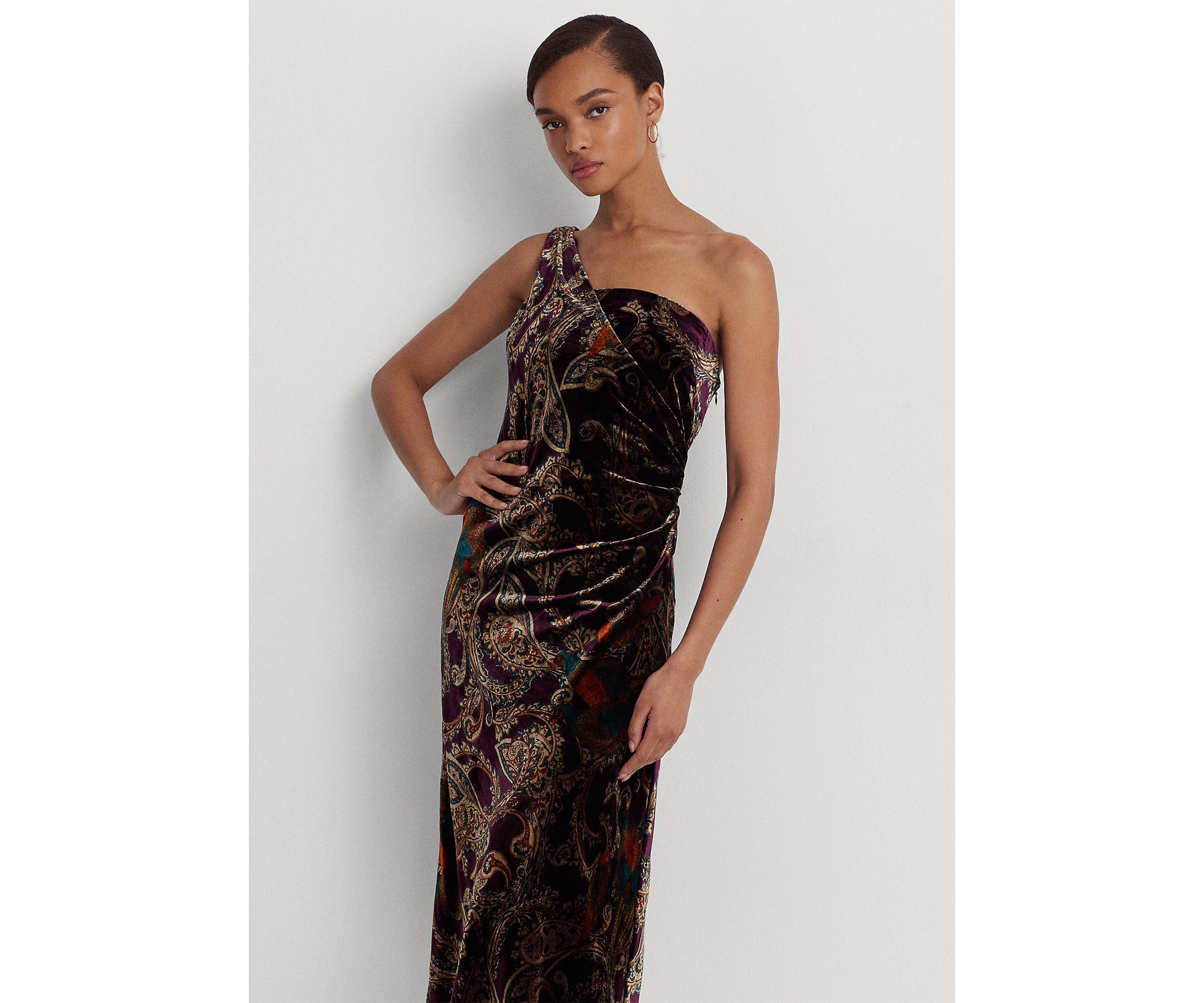 Print Velvet One-Shoulder Cocktail Dress