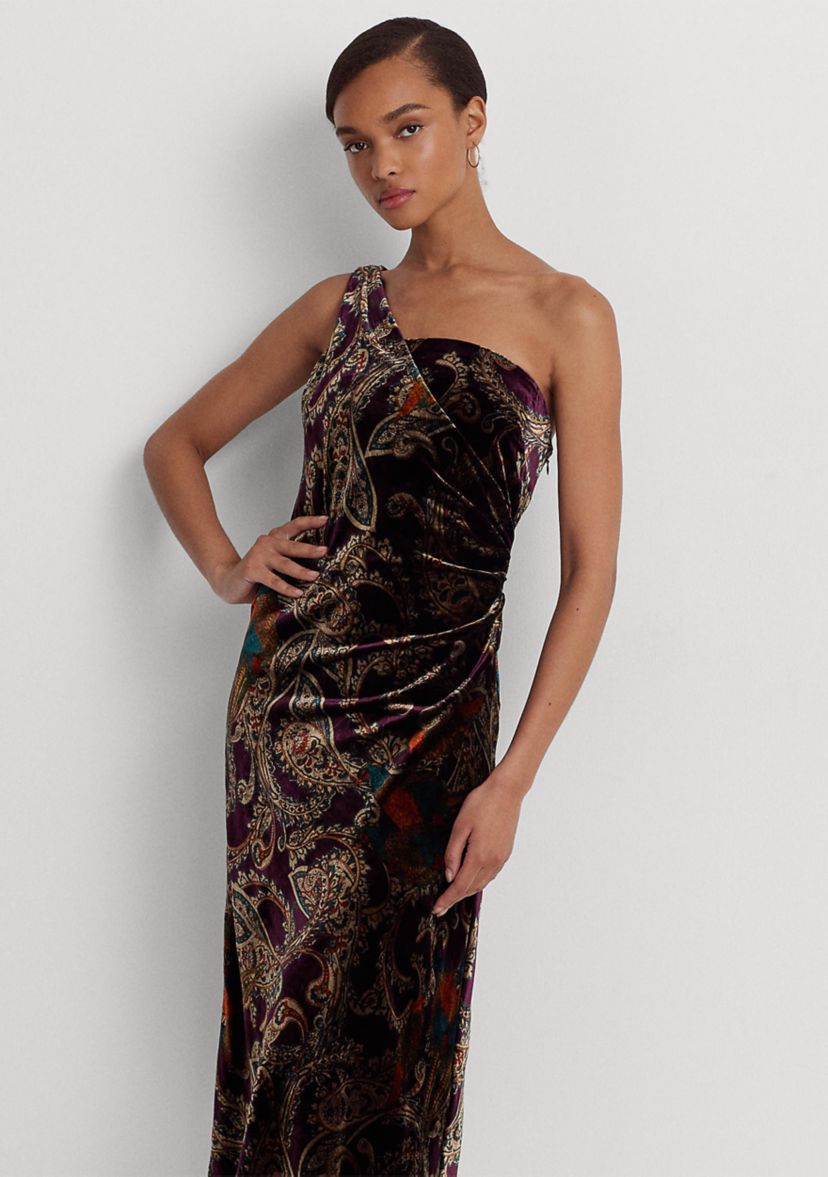Print Velvet One-Shoulder Cocktail Dress