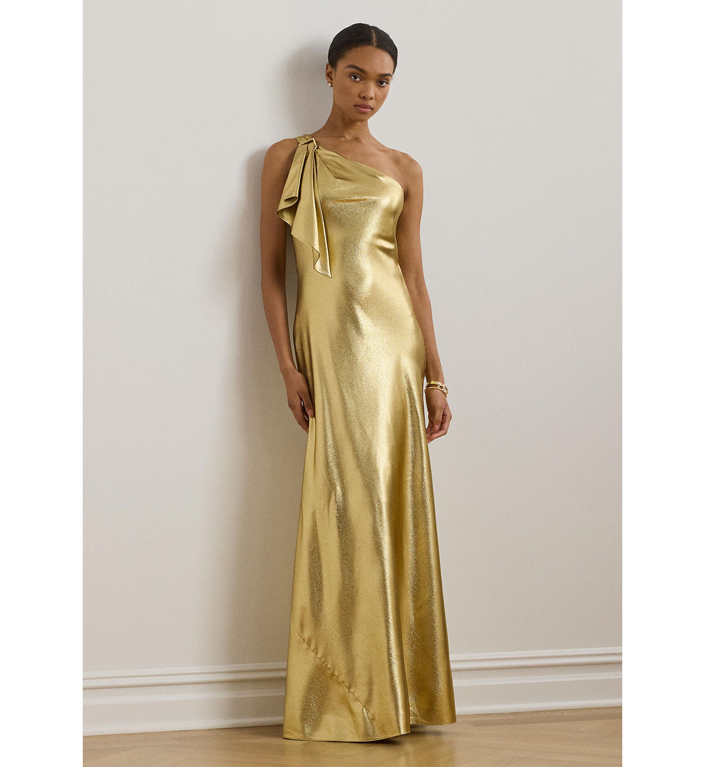 Womens Metallic Charmeuse One-Shoulder Gown