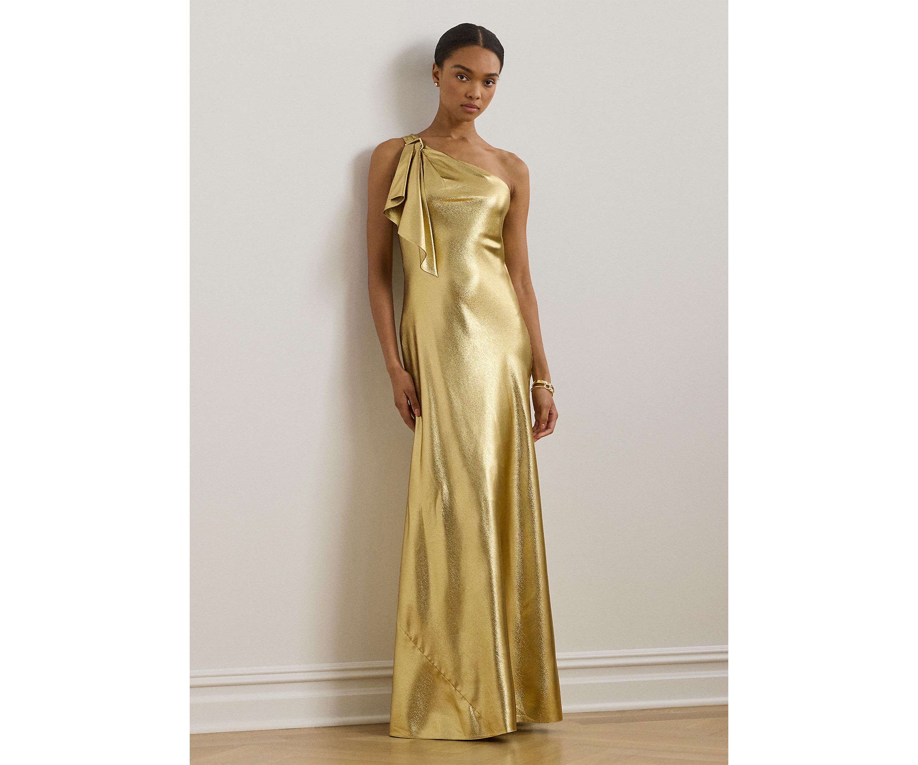 Womens Metallic Charmeuse One-Shoulder Gown