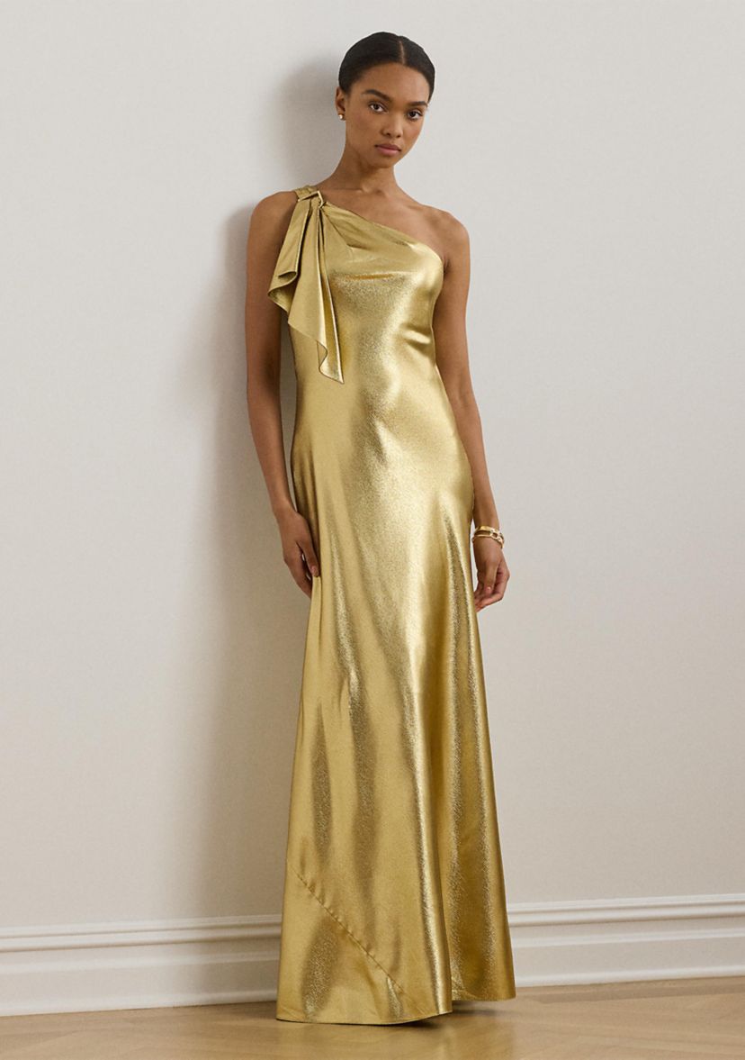 Womens Metallic Charmeuse One-Shoulder Gown