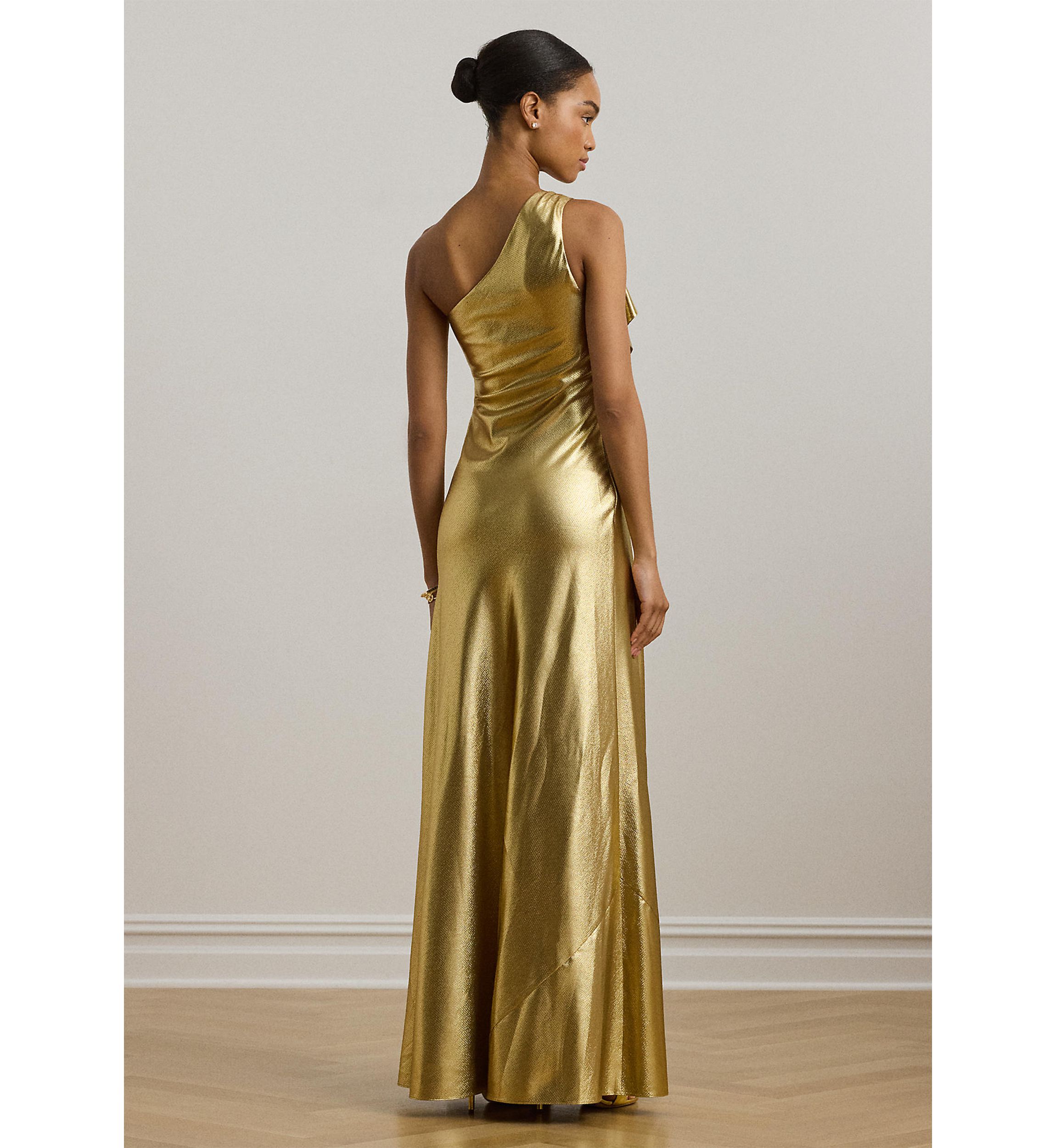 Womens Metallic Charmeuse One-Shoulder Gown