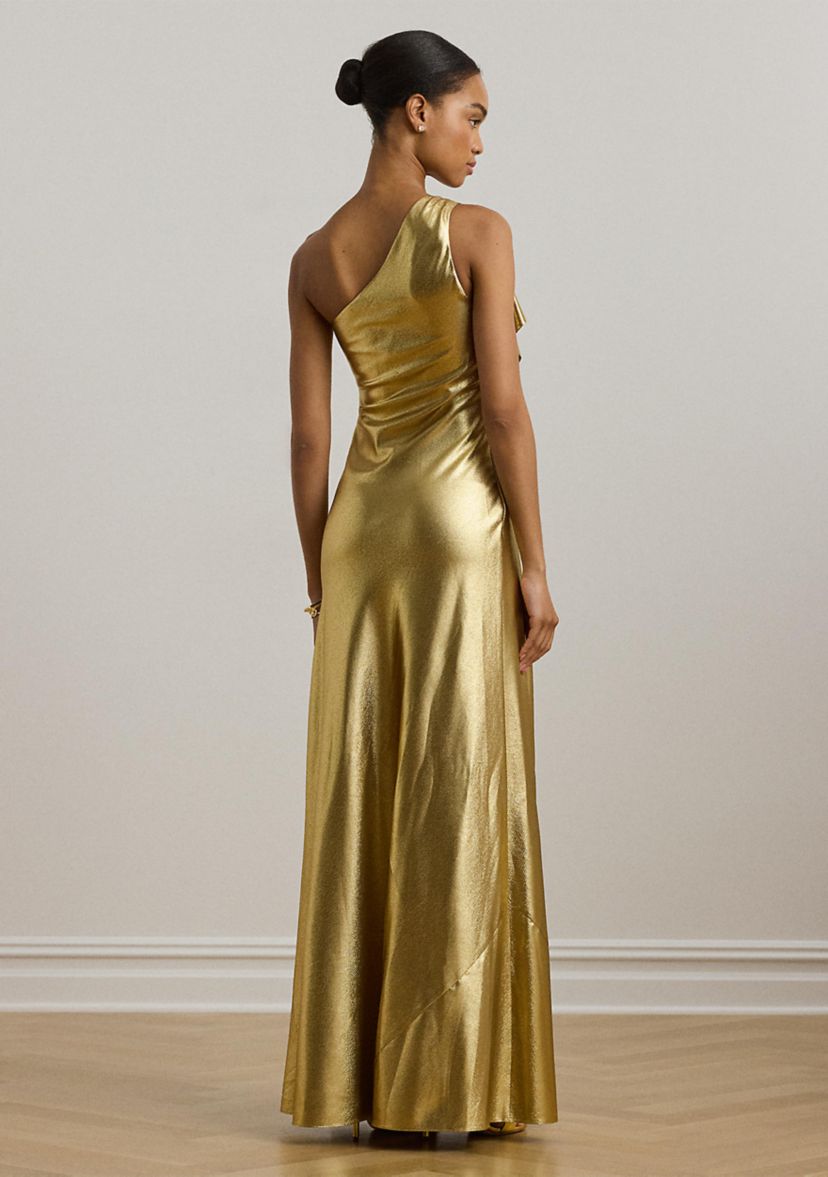 Womens Metallic Charmeuse One-Shoulder Gown
