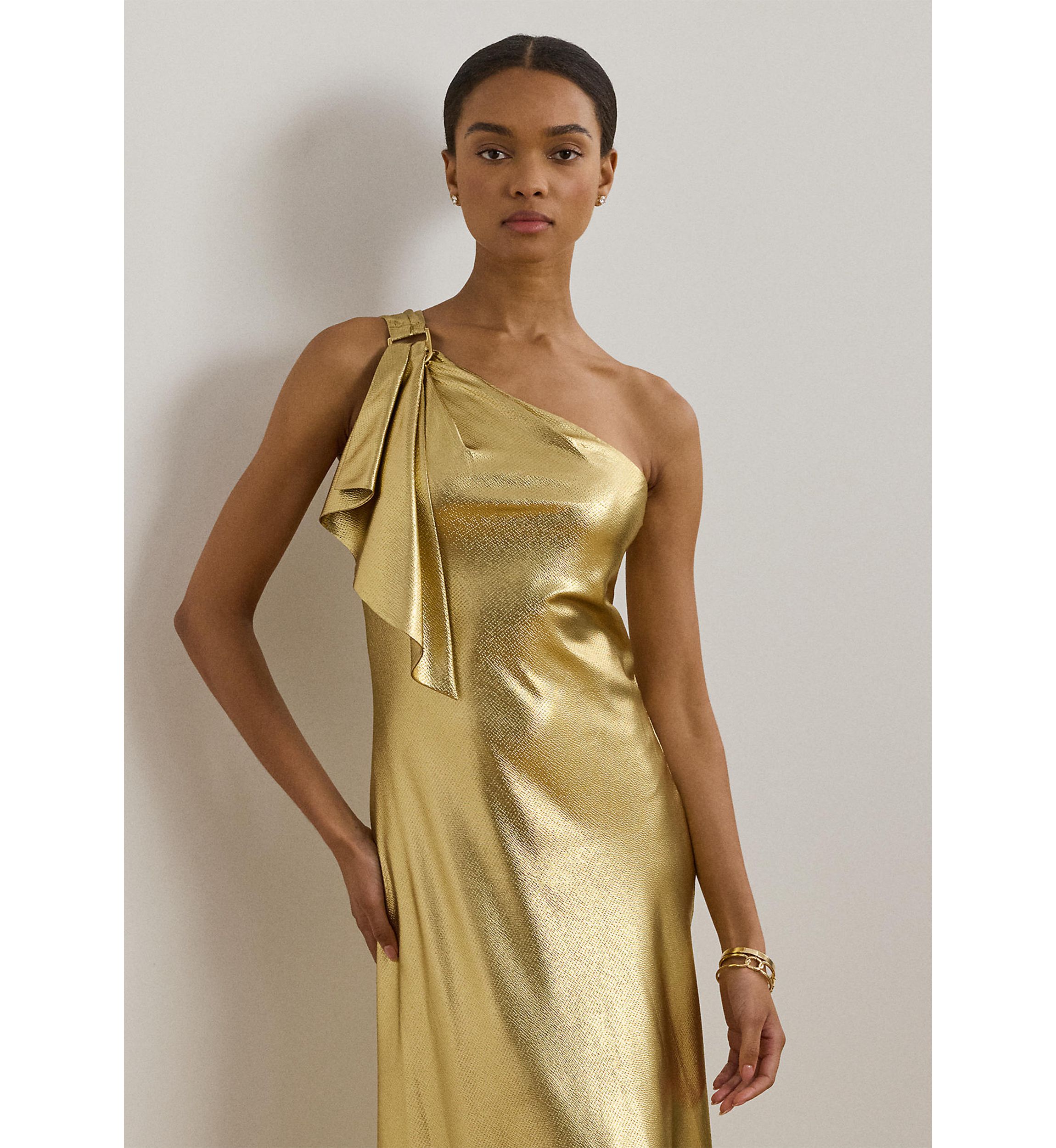 Womens Metallic Charmeuse One-Shoulder Gown