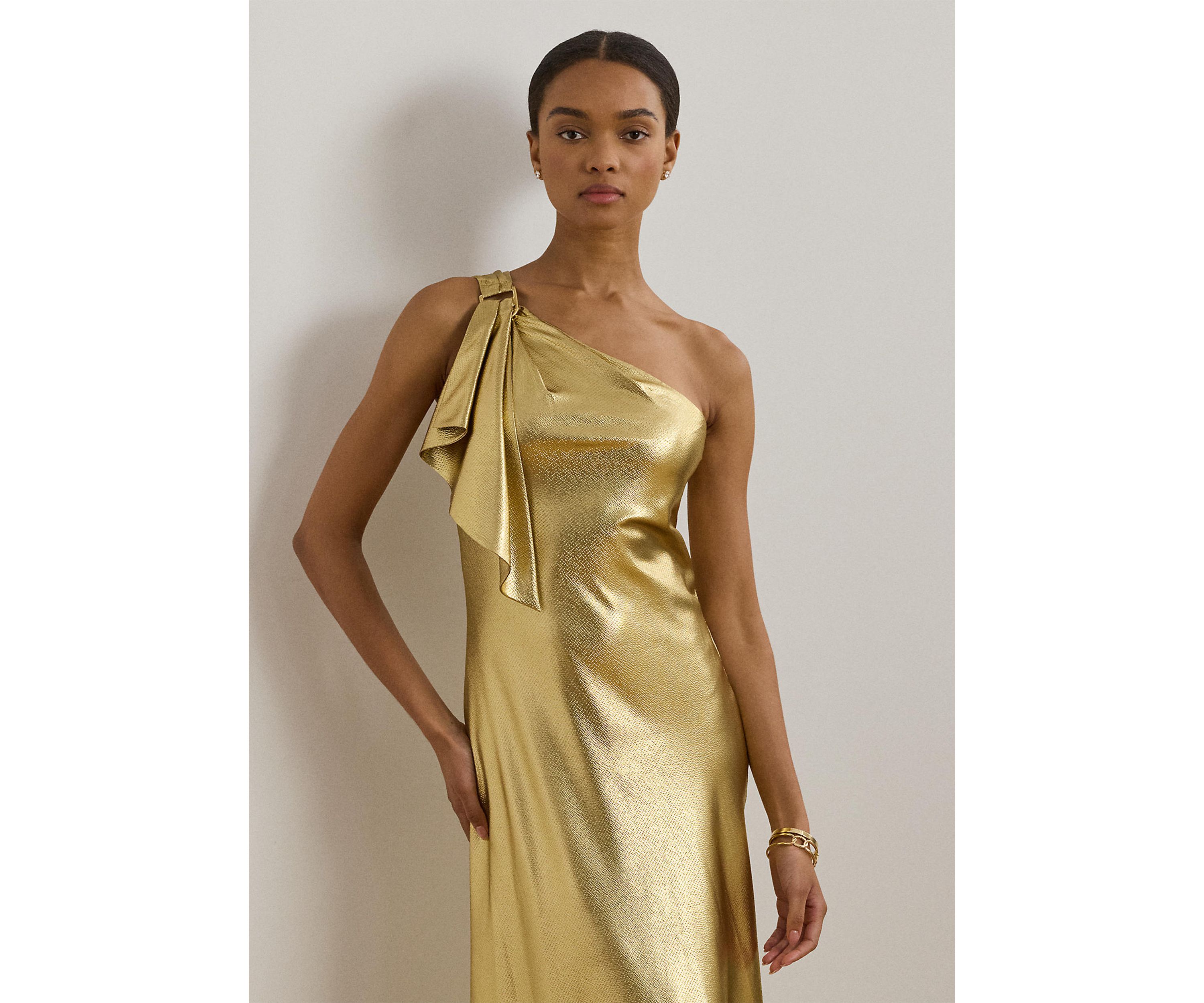 Womens Metallic Charmeuse One-Shoulder Gown