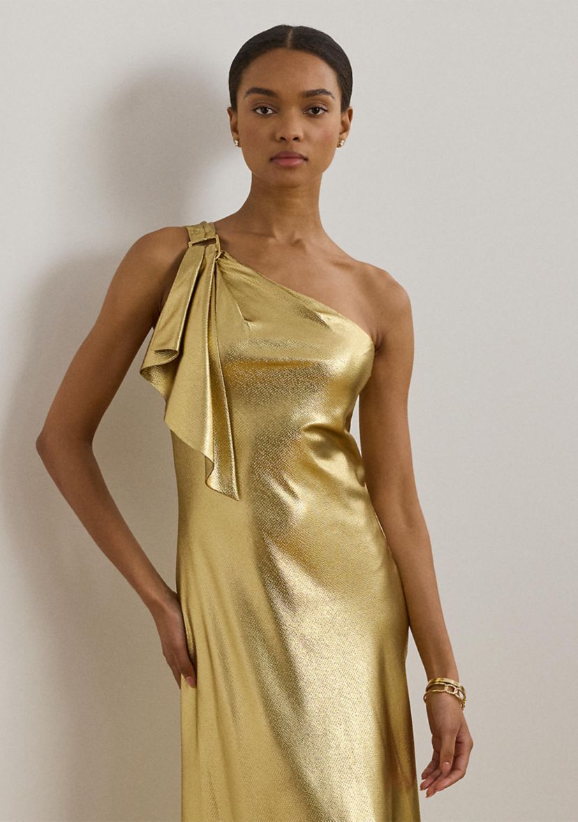 Womens Metallic Charmeuse One-Shoulder Gown