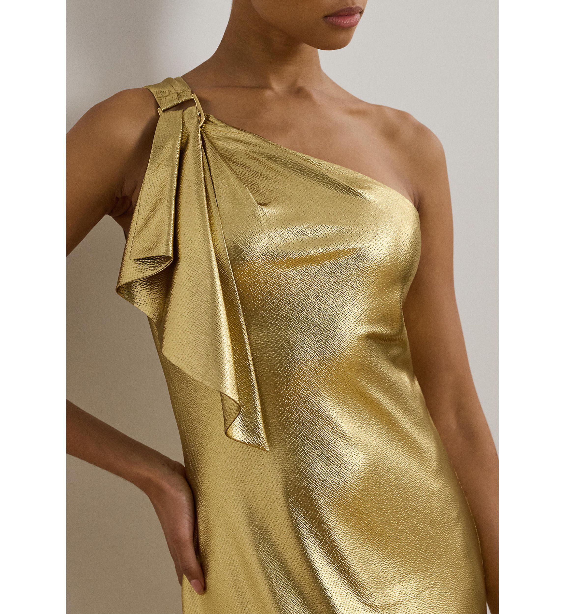 Womens Metallic Charmeuse One-Shoulder Gown