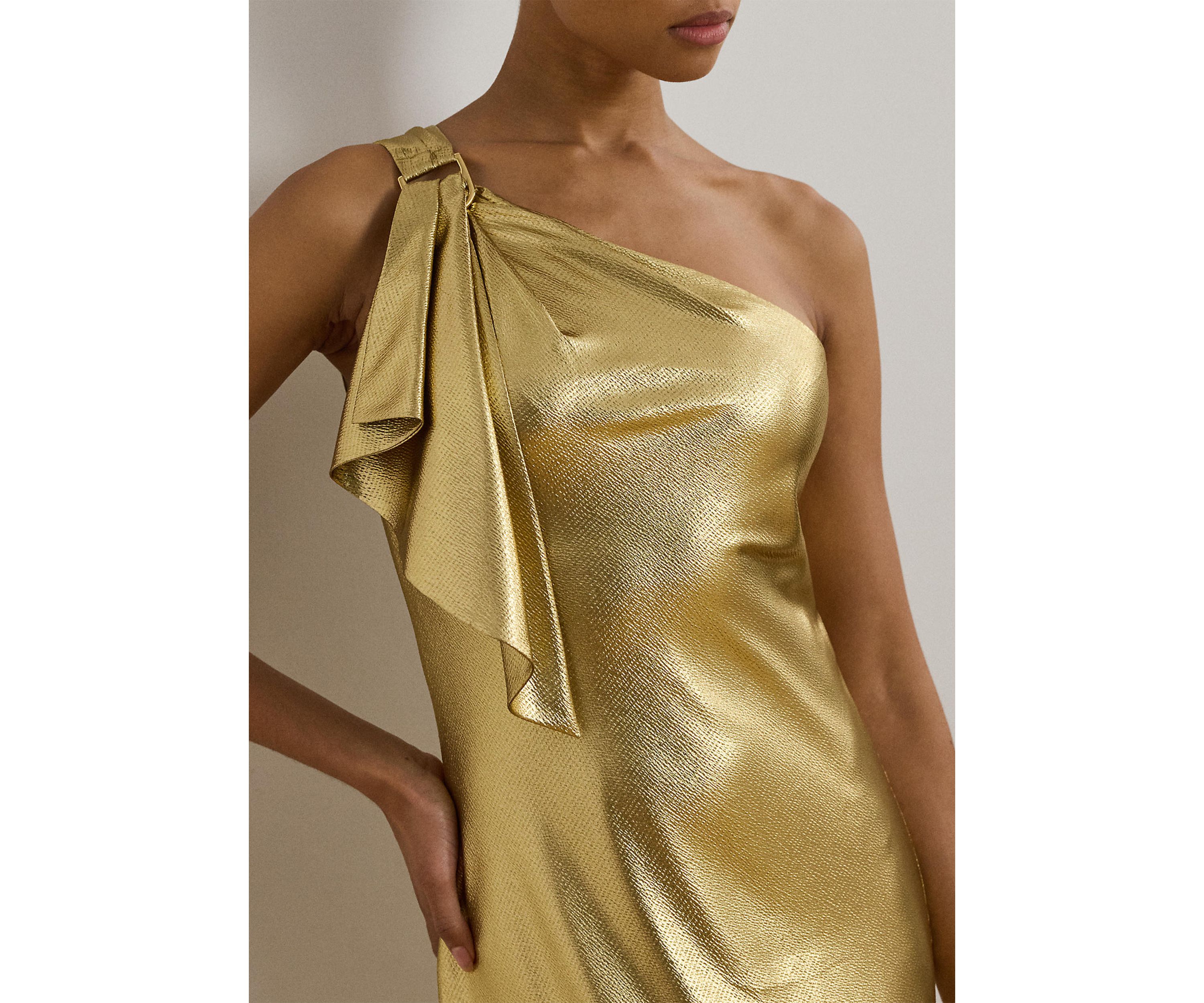 Womens Metallic Charmeuse One-Shoulder Gown