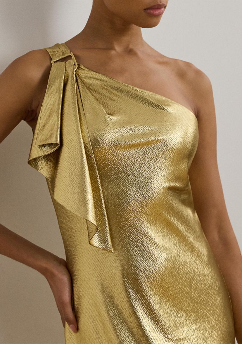 Womens Metallic Charmeuse One-Shoulder Gown
