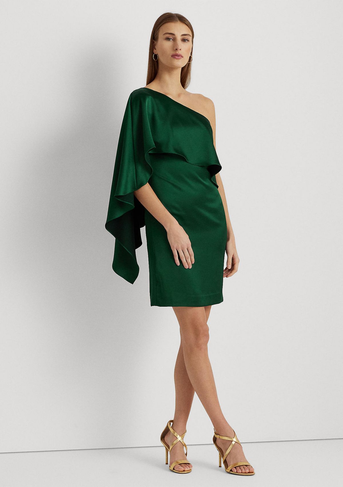 Womens Satin One-Shoulder Cape Cocktail Dress
