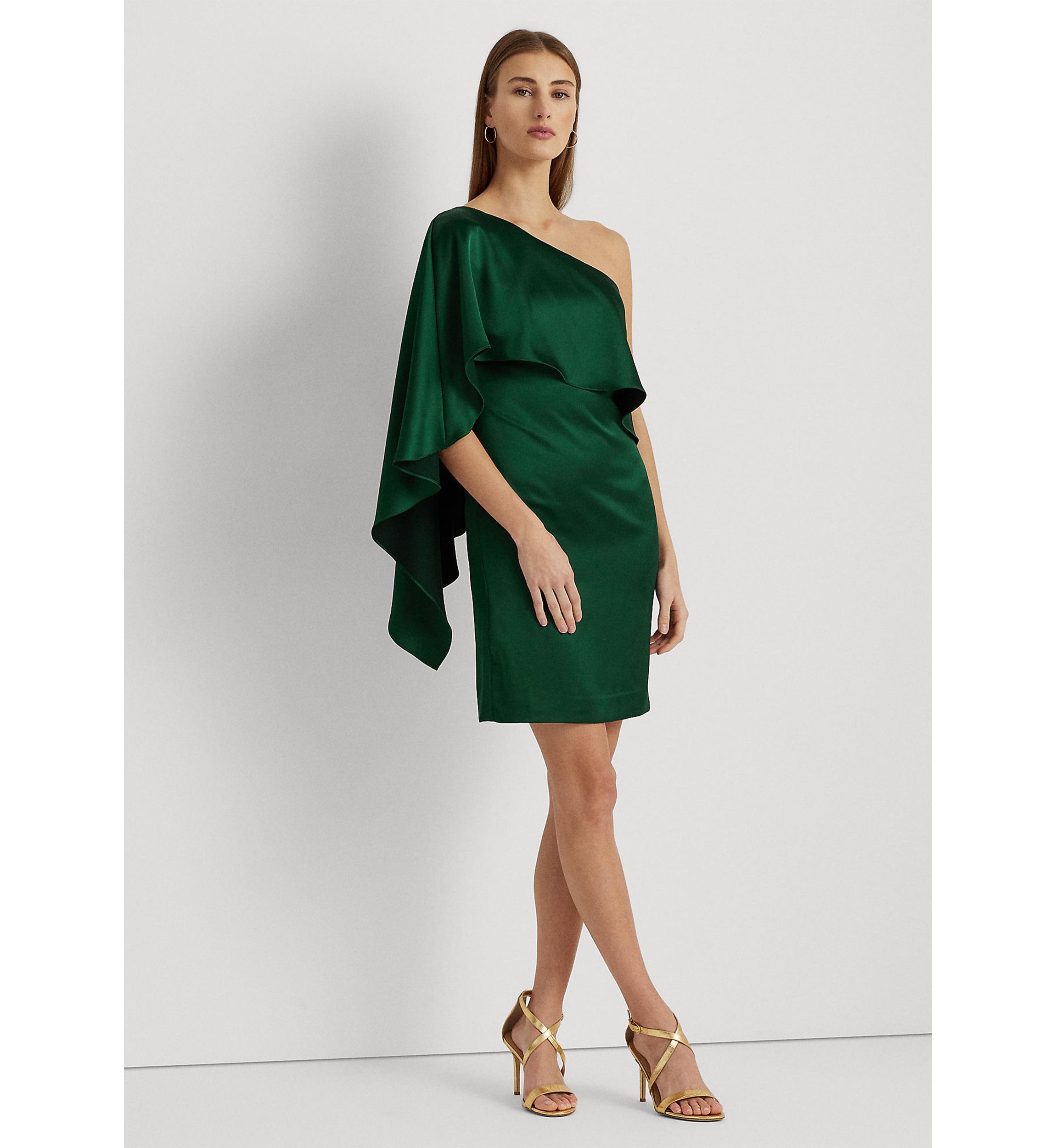 Womens Satin One-Shoulder Cape Cocktail Dress