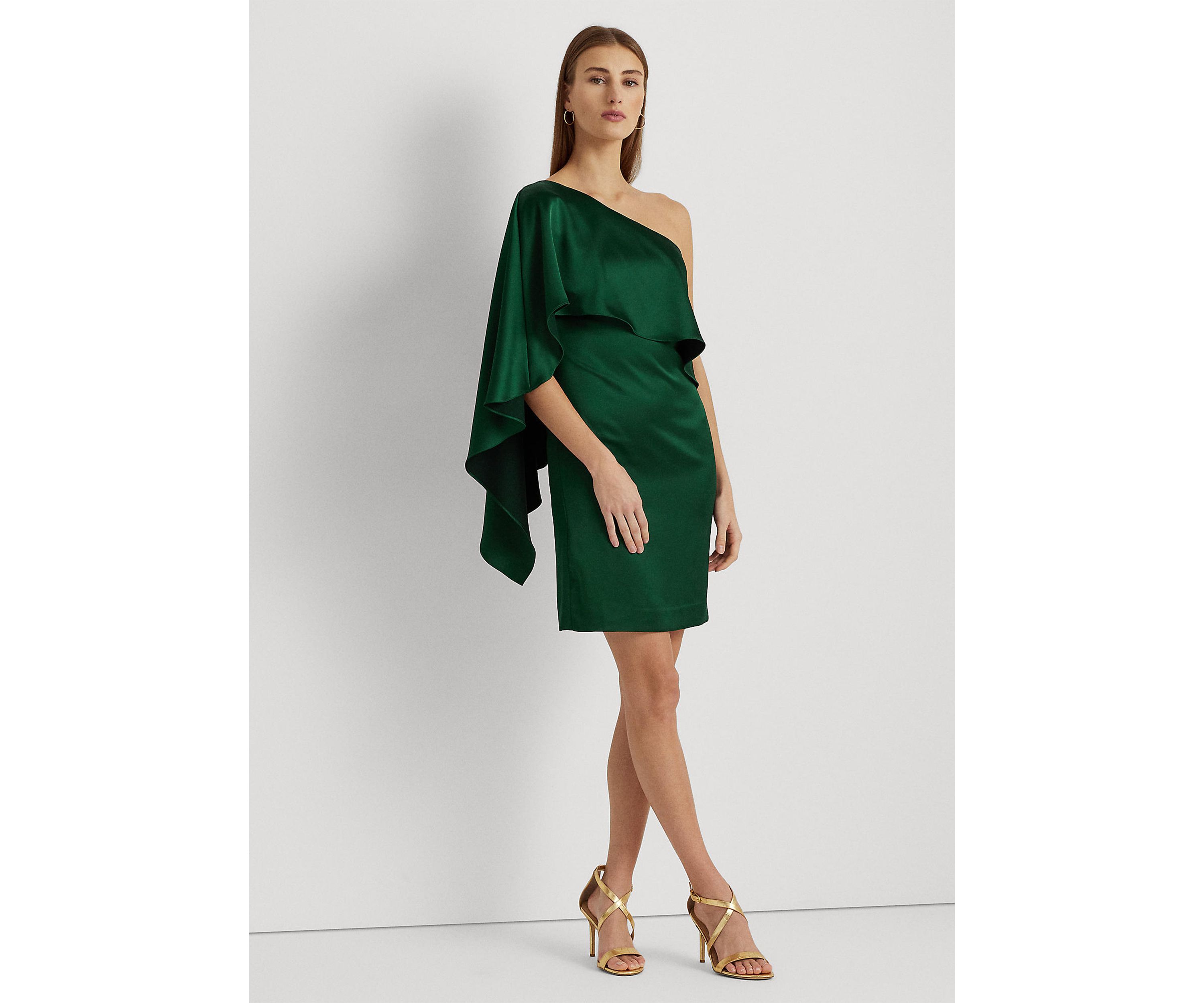 Womens Satin One-Shoulder Cape Cocktail Dress