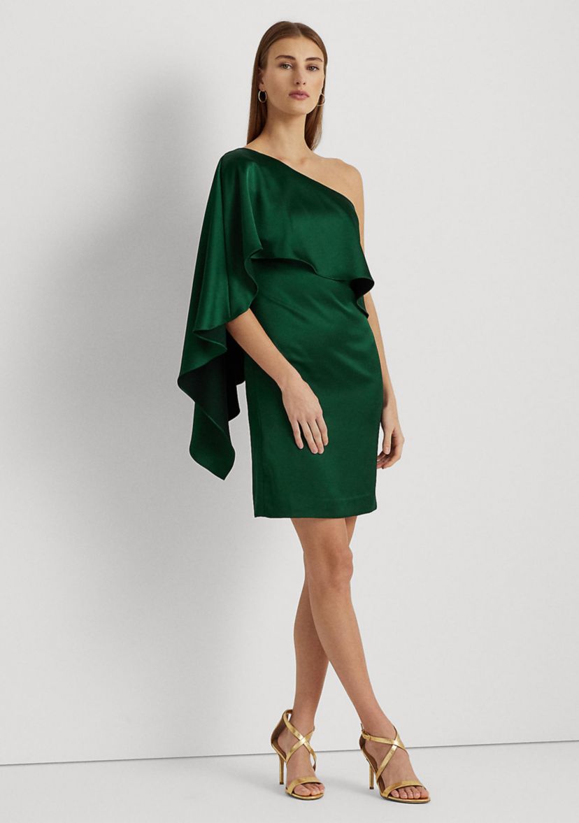 Womens Satin One-Shoulder Cape Cocktail Dress