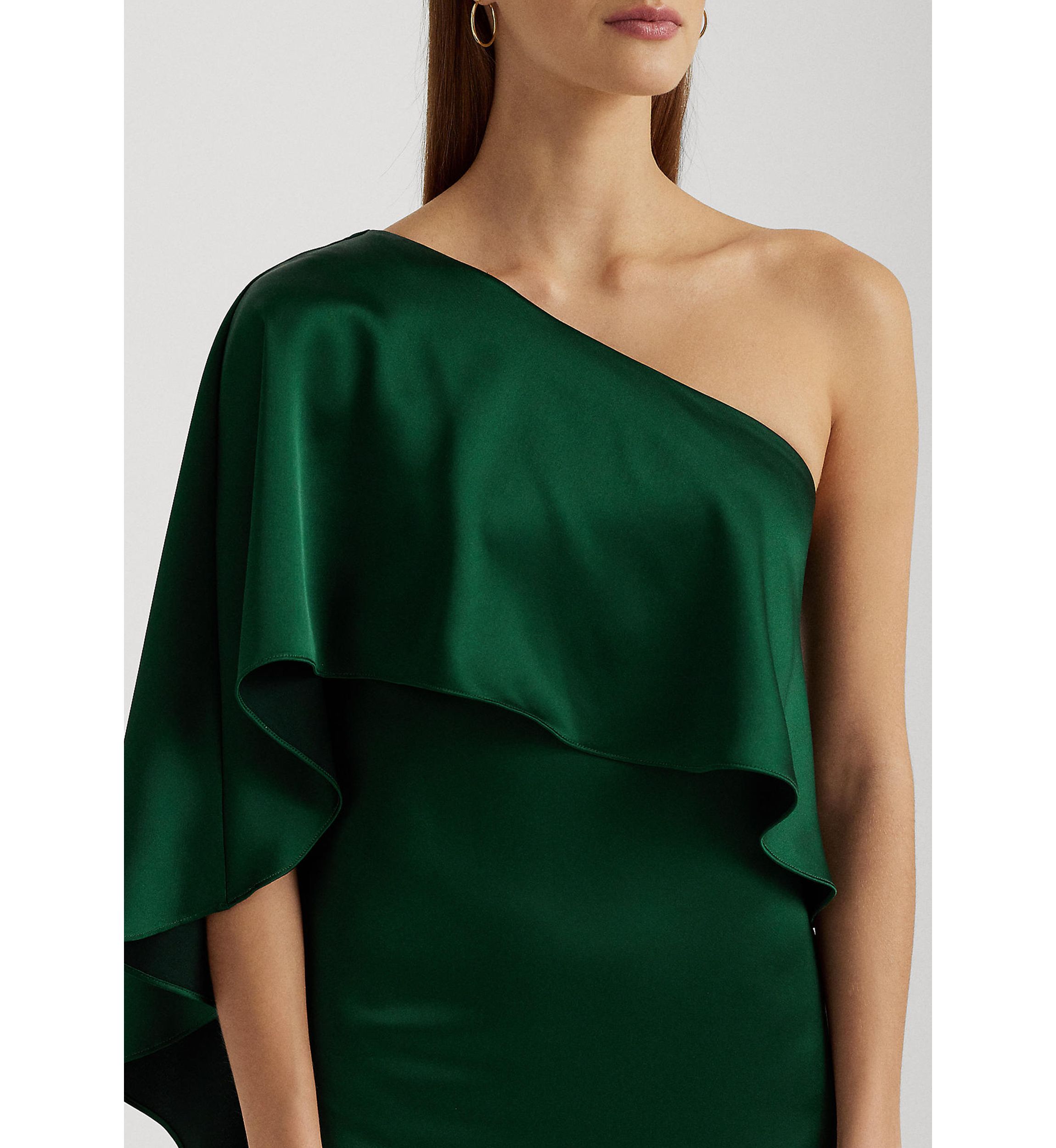 Womens Satin One-Shoulder Cape Cocktail Dress