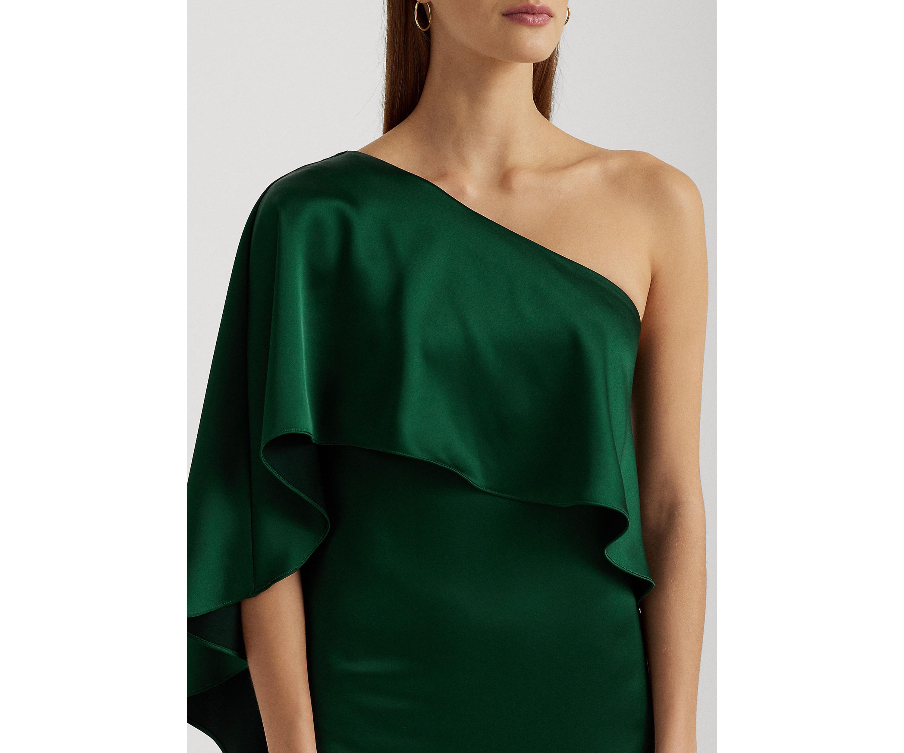 Womens Satin One-Shoulder Cape Cocktail Dress