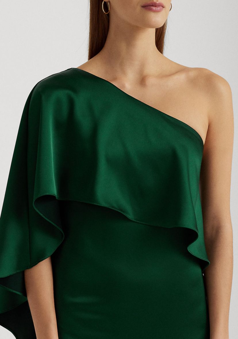 Womens Satin One-Shoulder Cape Cocktail Dress
