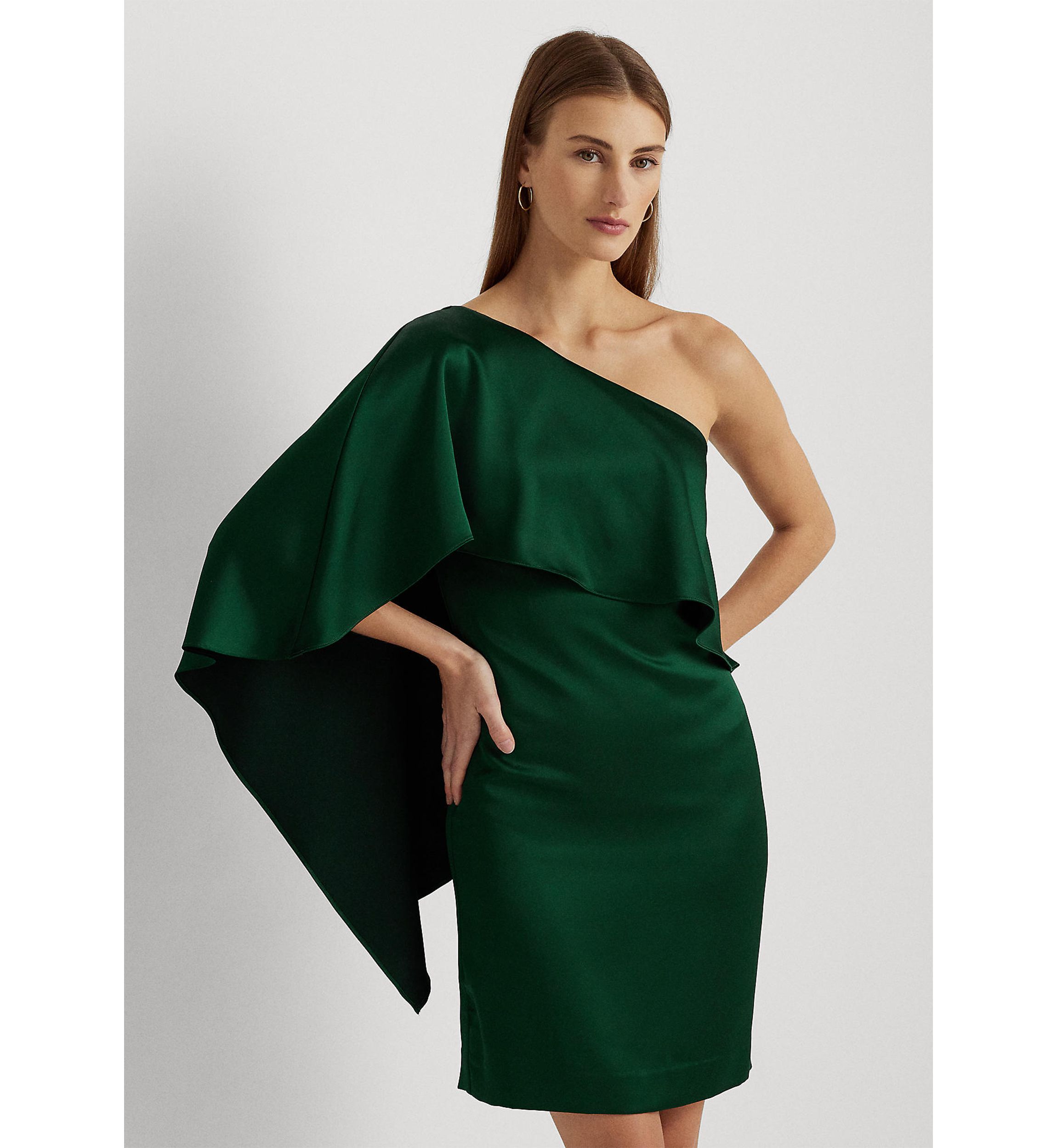 Womens Satin One-Shoulder Cape Cocktail Dress