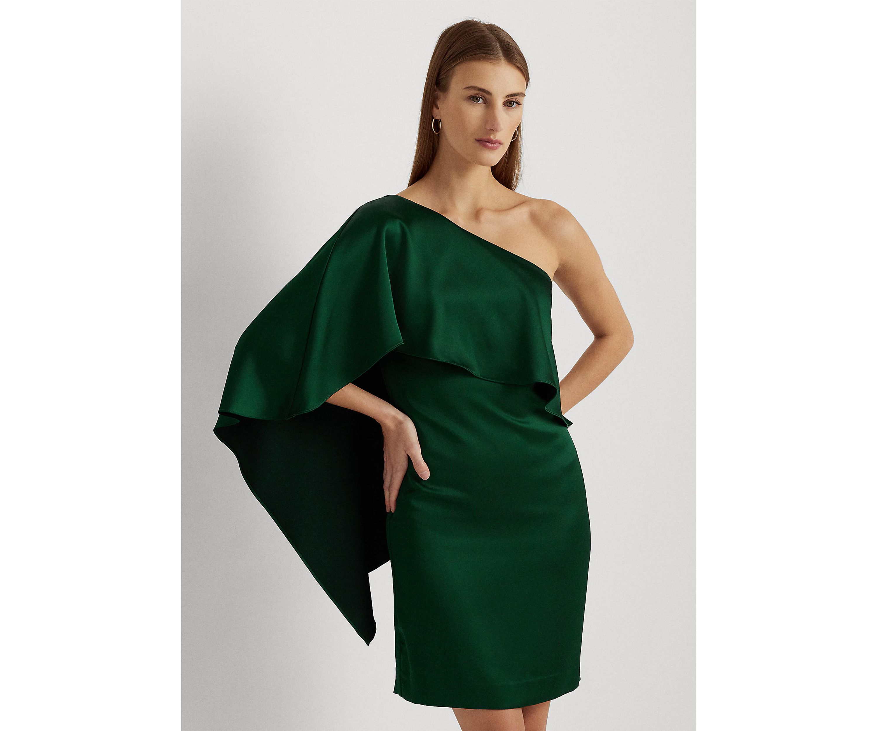 Womens Satin One-Shoulder Cape Cocktail Dress