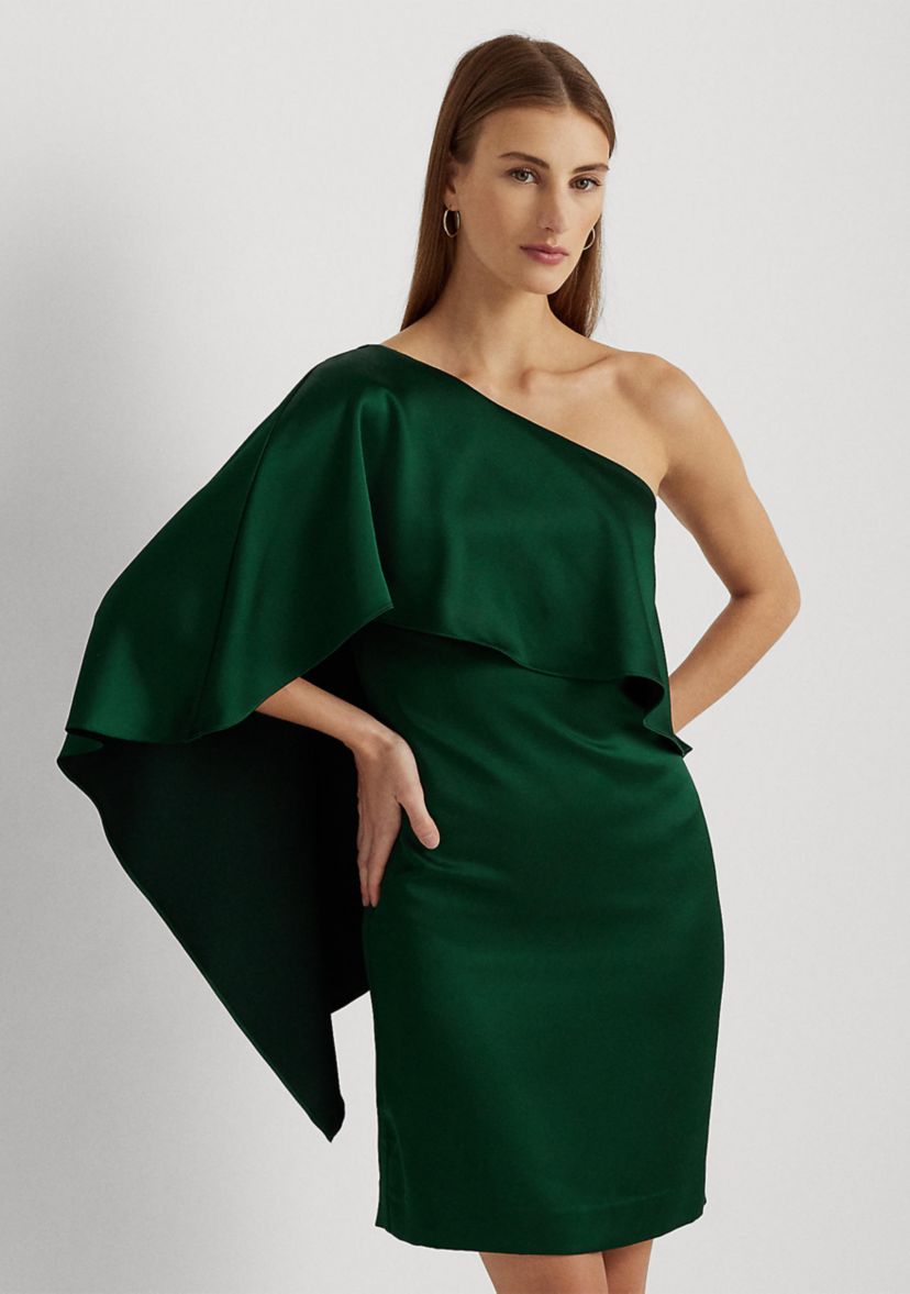 Womens Satin One-Shoulder Cape Cocktail Dress