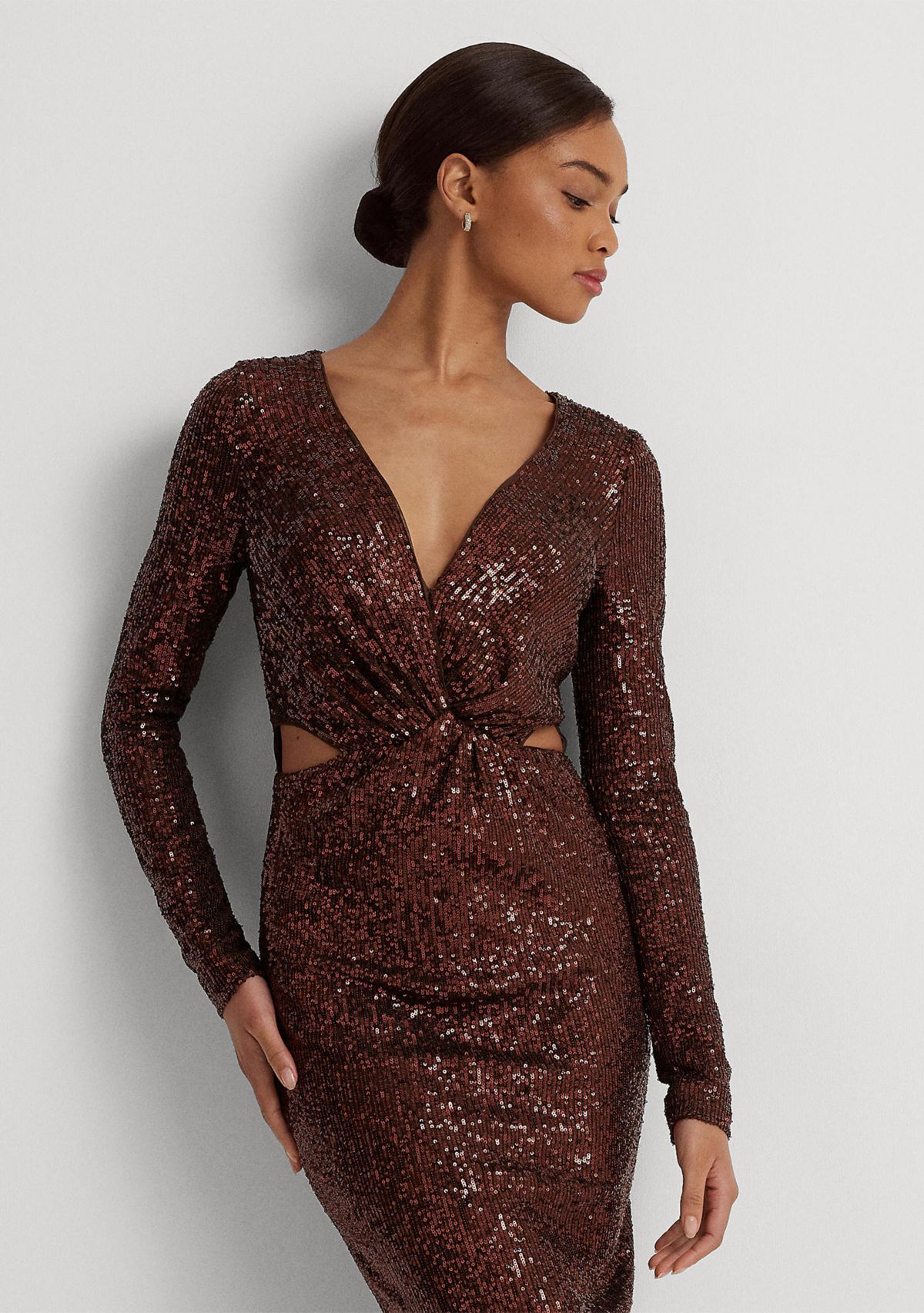 Womens Twist-Front Sequined Cocktail Dress