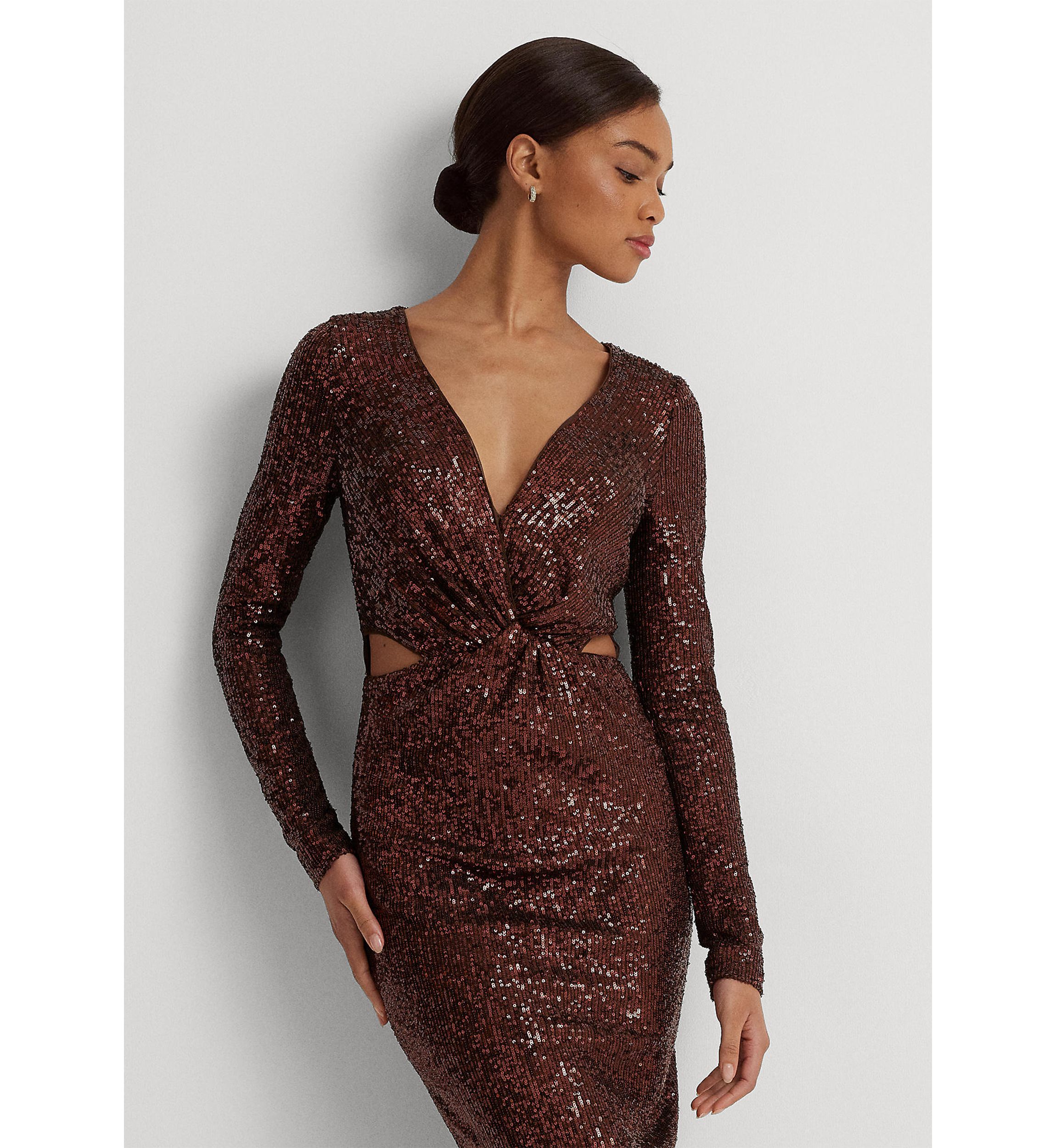 Womens Twist-Front Sequined Cocktail Dress