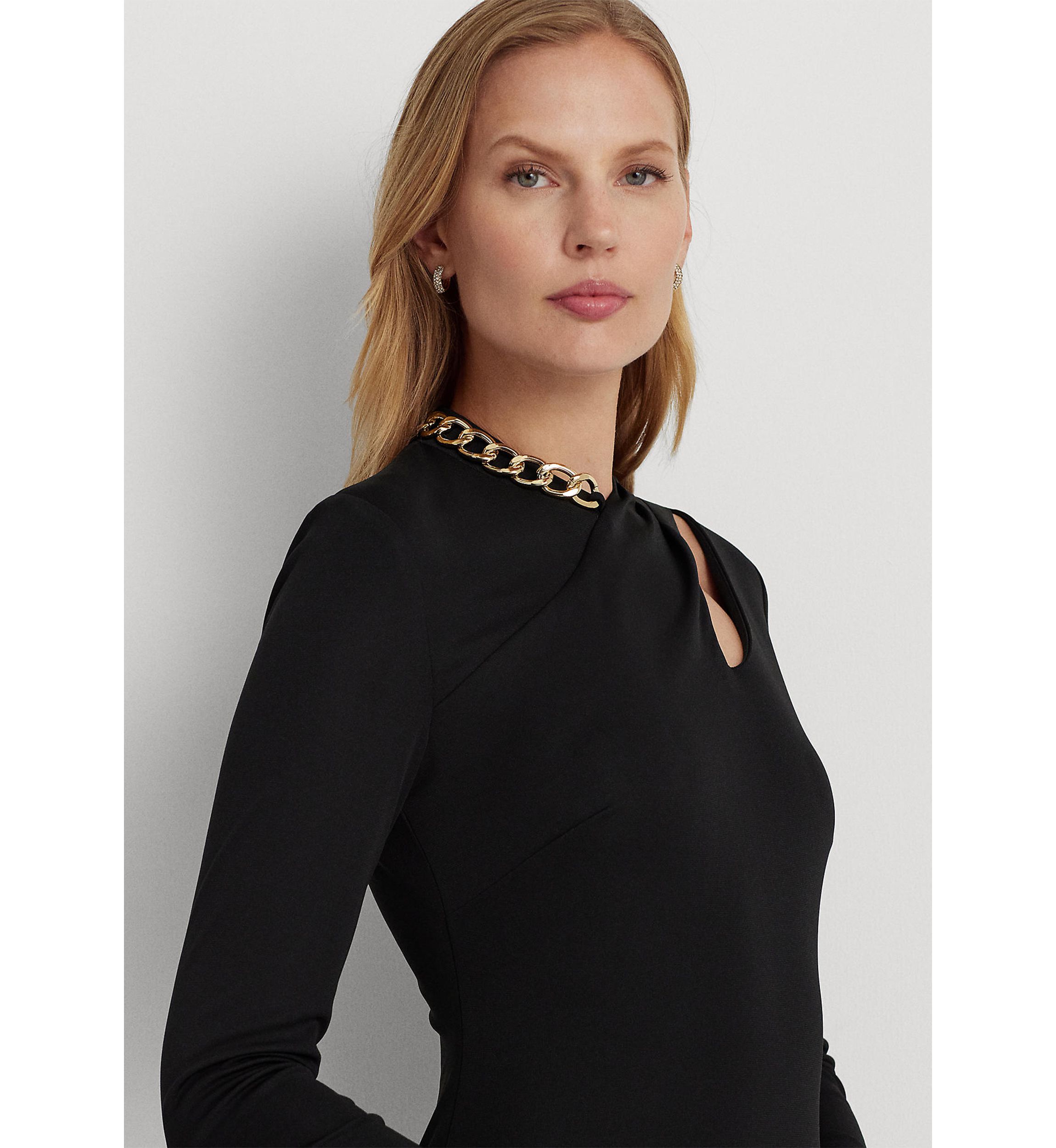 Chain Trim Jersey Long Sleeve Gown