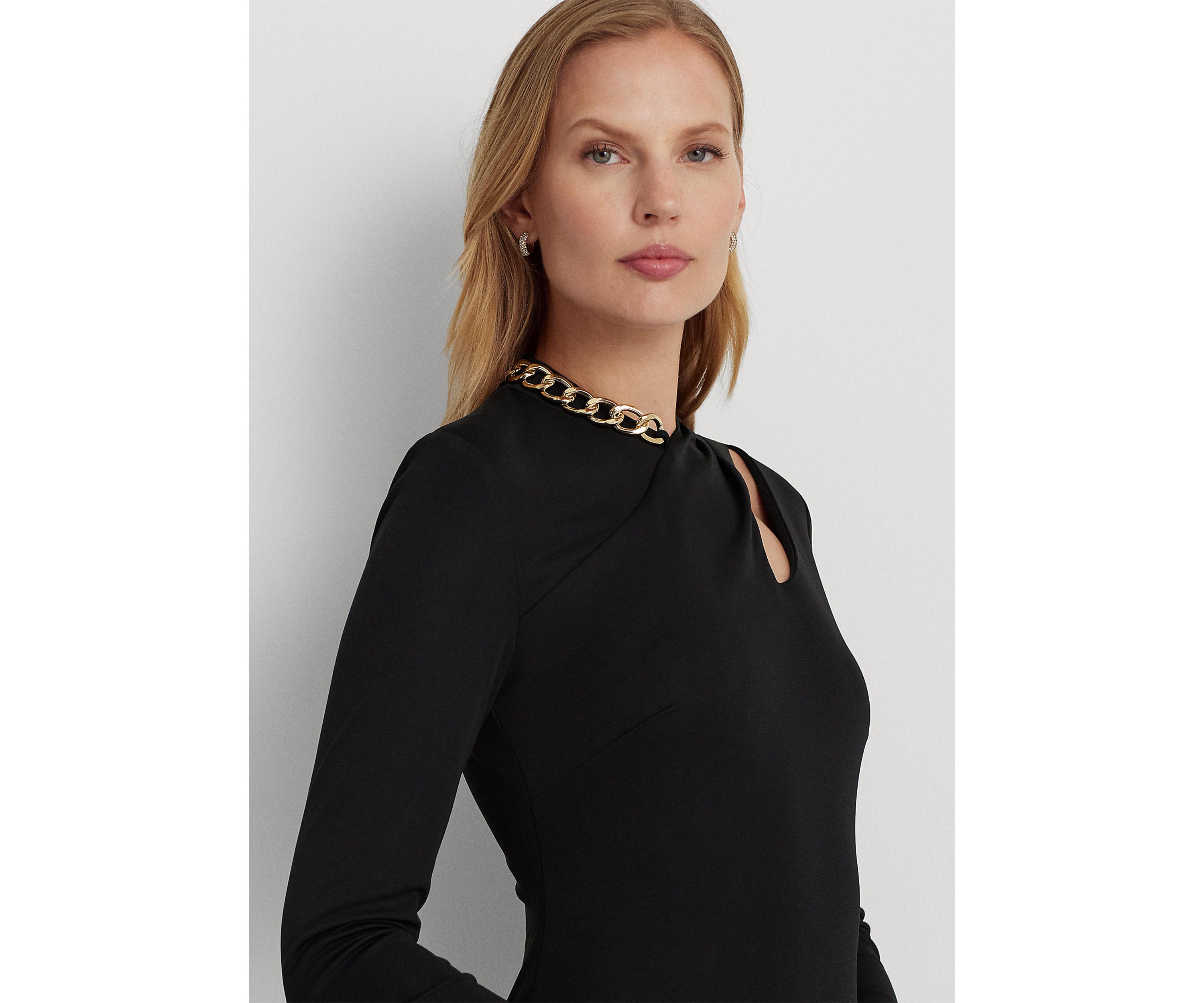 Chain Trim Jersey Long Sleeve Gown