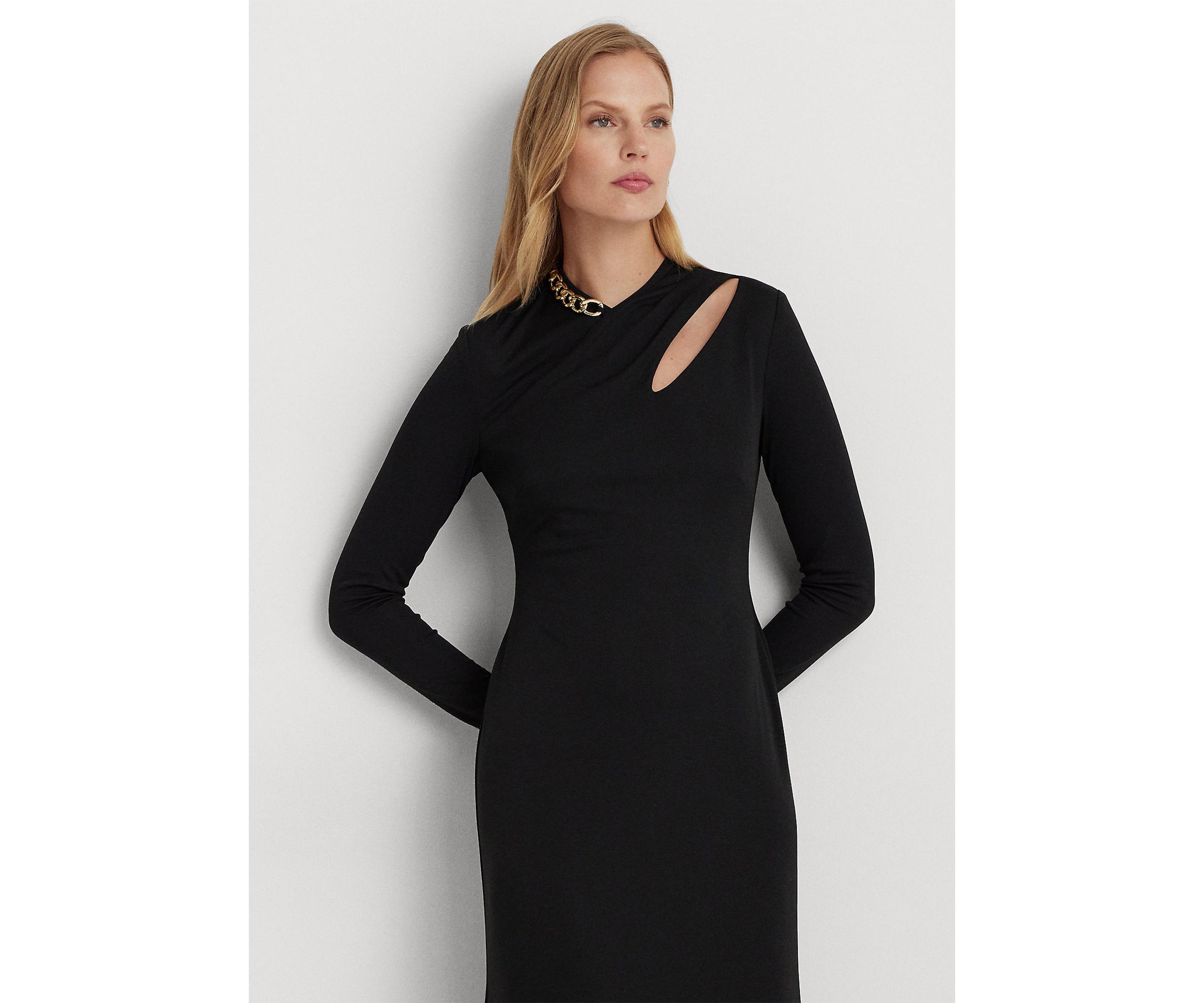 Chain Trim Jersey Long Sleeve Gown