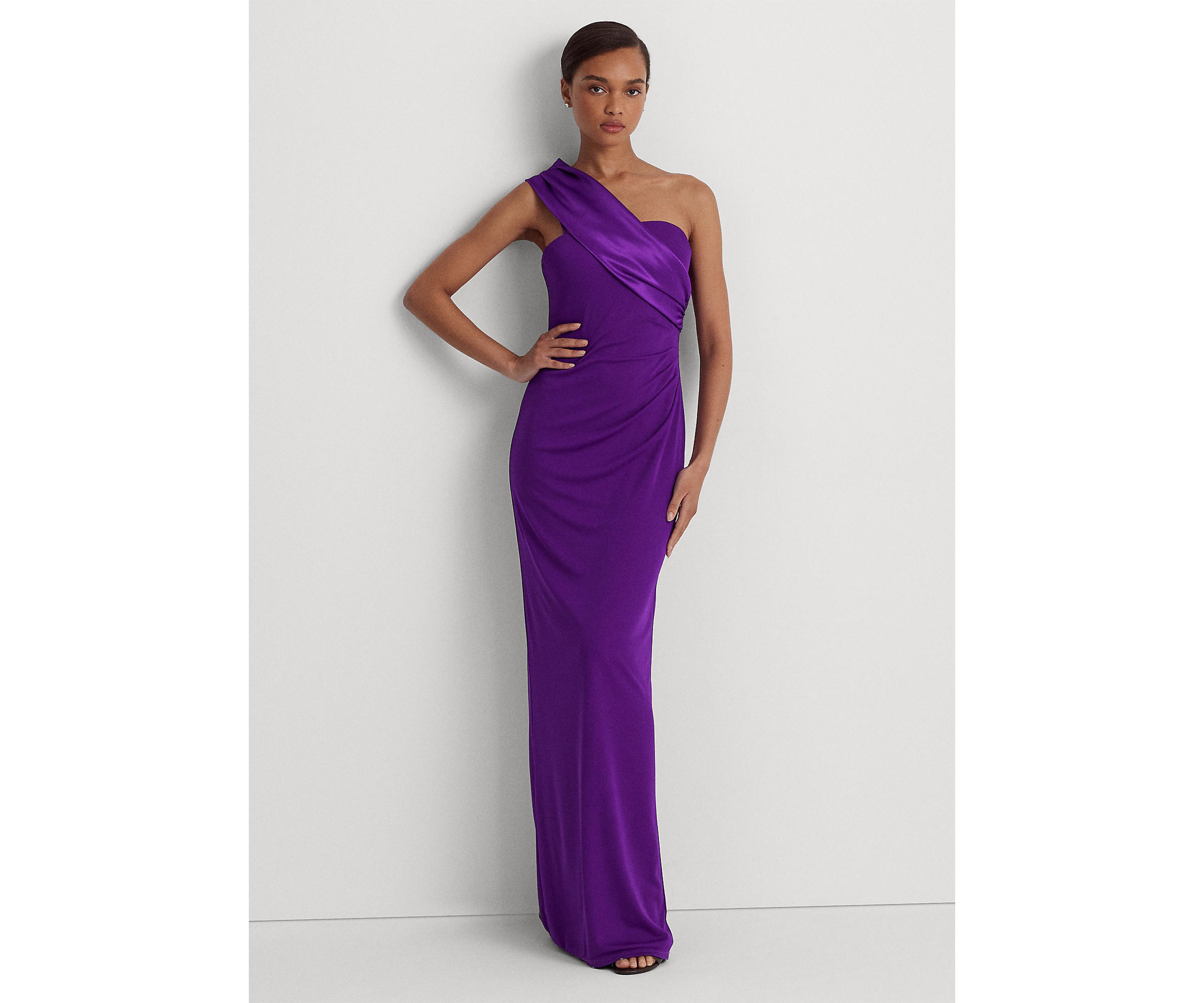 Satin Trim Jersey One Shoulder Gown