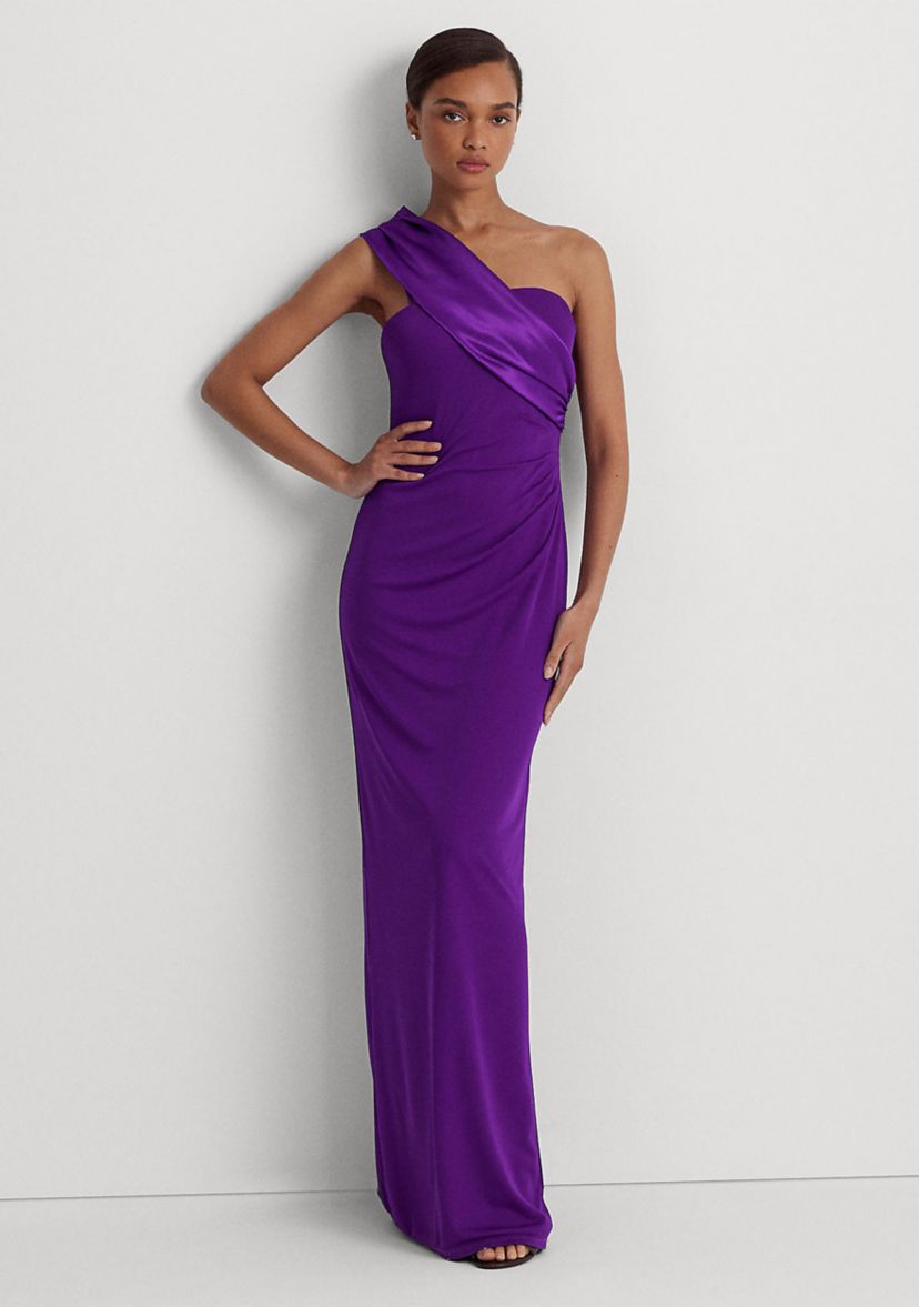 Satin Trim Jersey One Shoulder Gown
