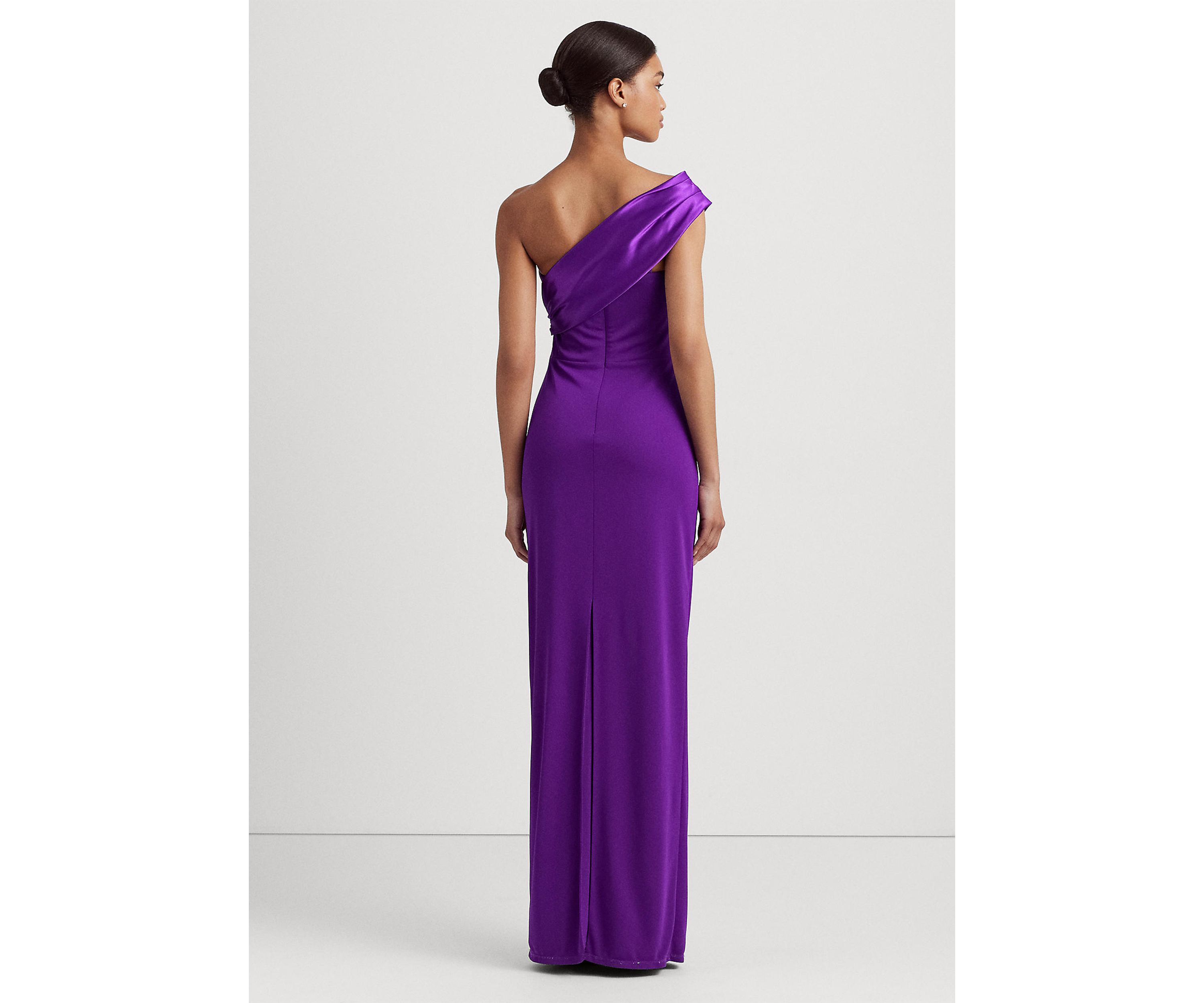 Satin Trim Jersey One Shoulder Gown