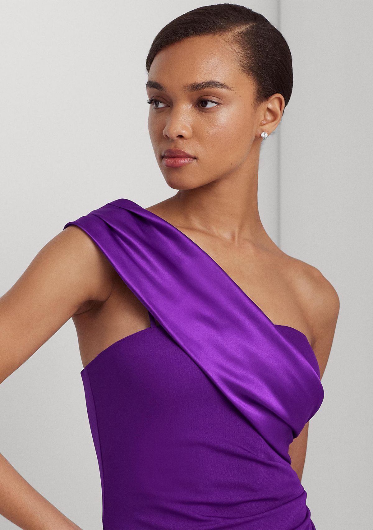 Satin Trim Jersey One Shoulder Gown