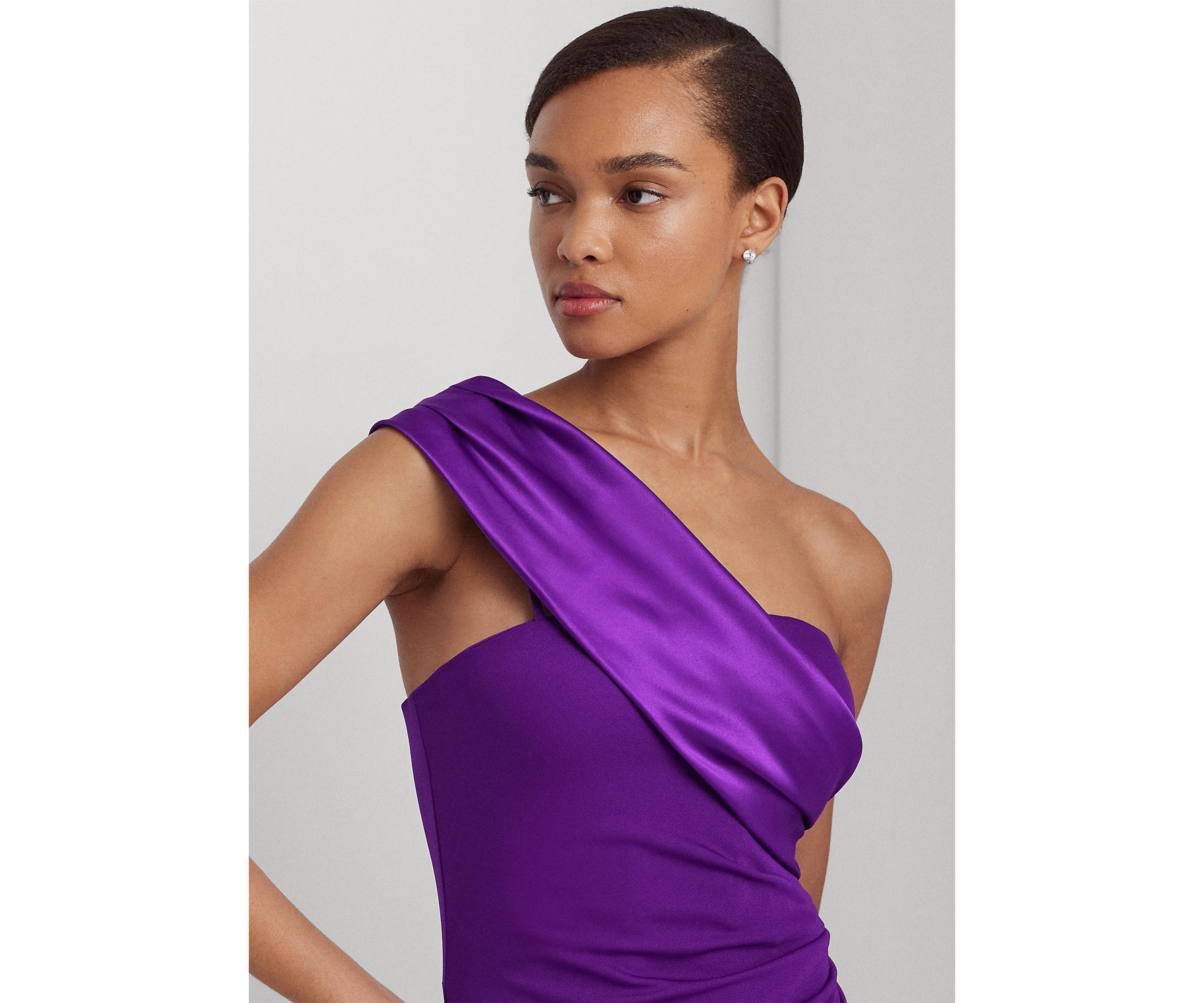 Satin Trim Jersey One Shoulder Gown