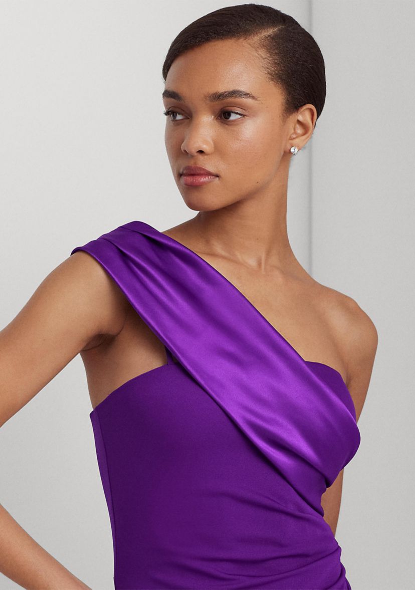 Satin Trim Jersey One Shoulder Gown