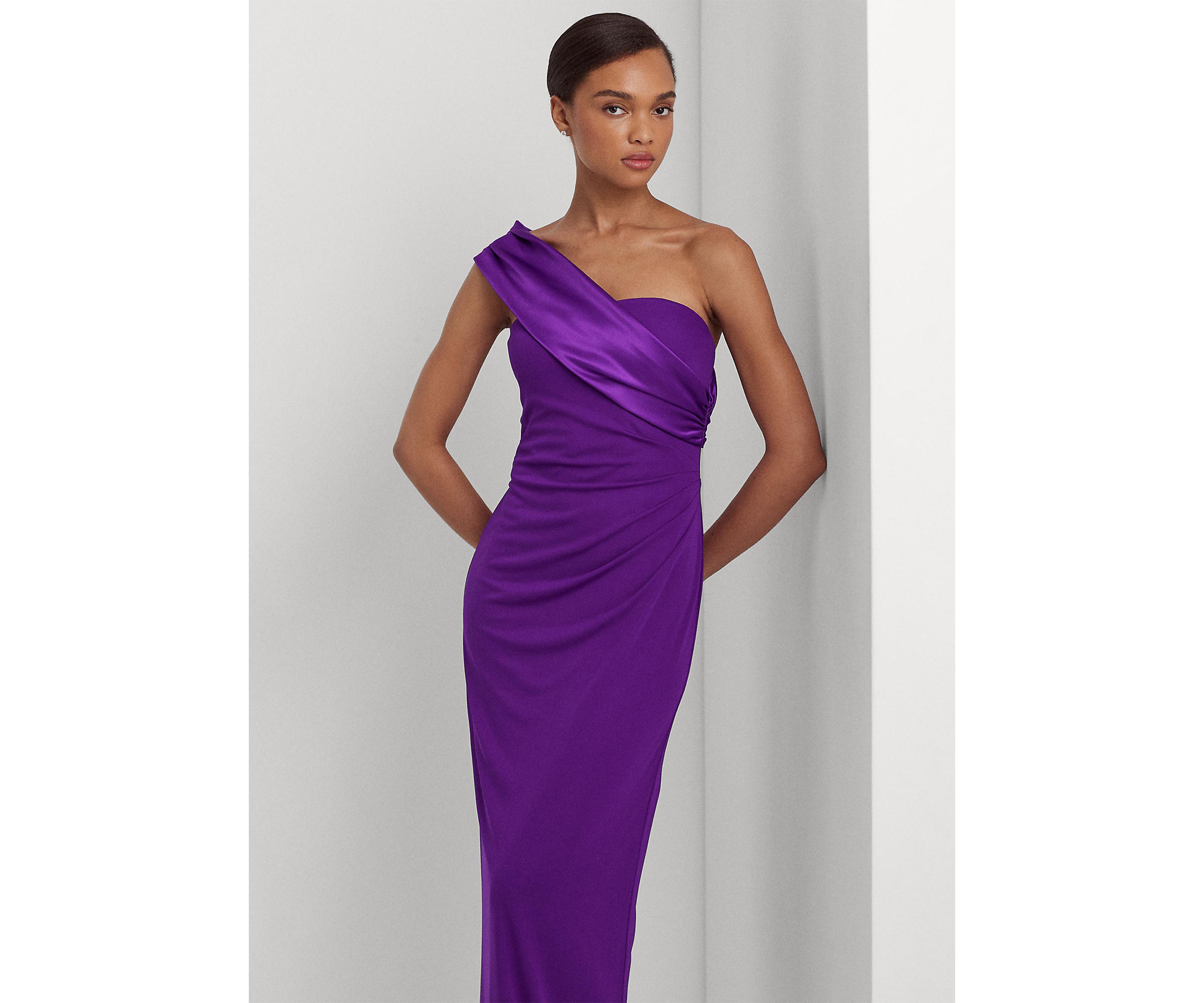 Satin Trim Jersey One Shoulder Gown