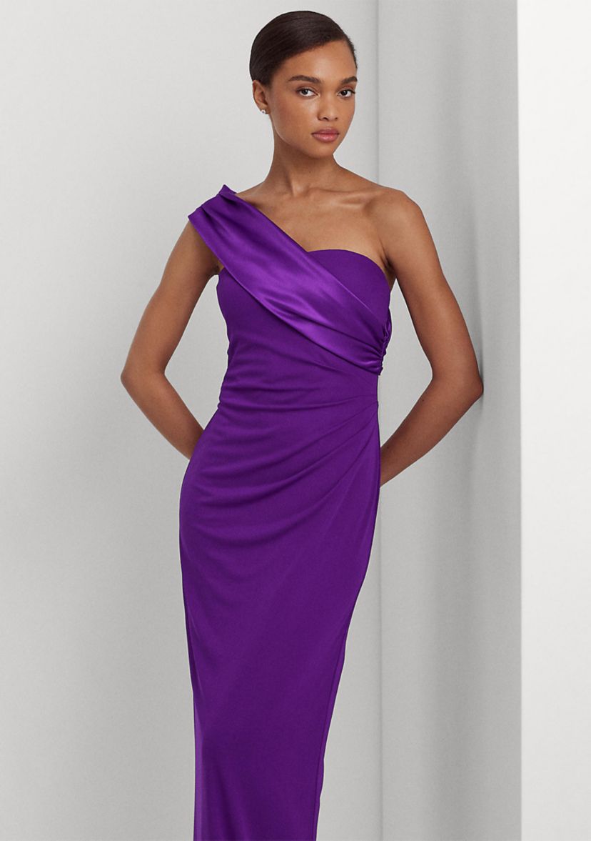 Satin Trim Jersey One Shoulder Gown