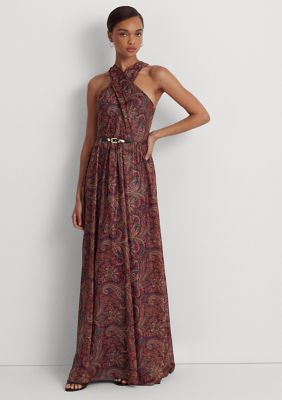 Lauren Ralph Lauren Women's Paisley Metallic Chiffon Halter Gown