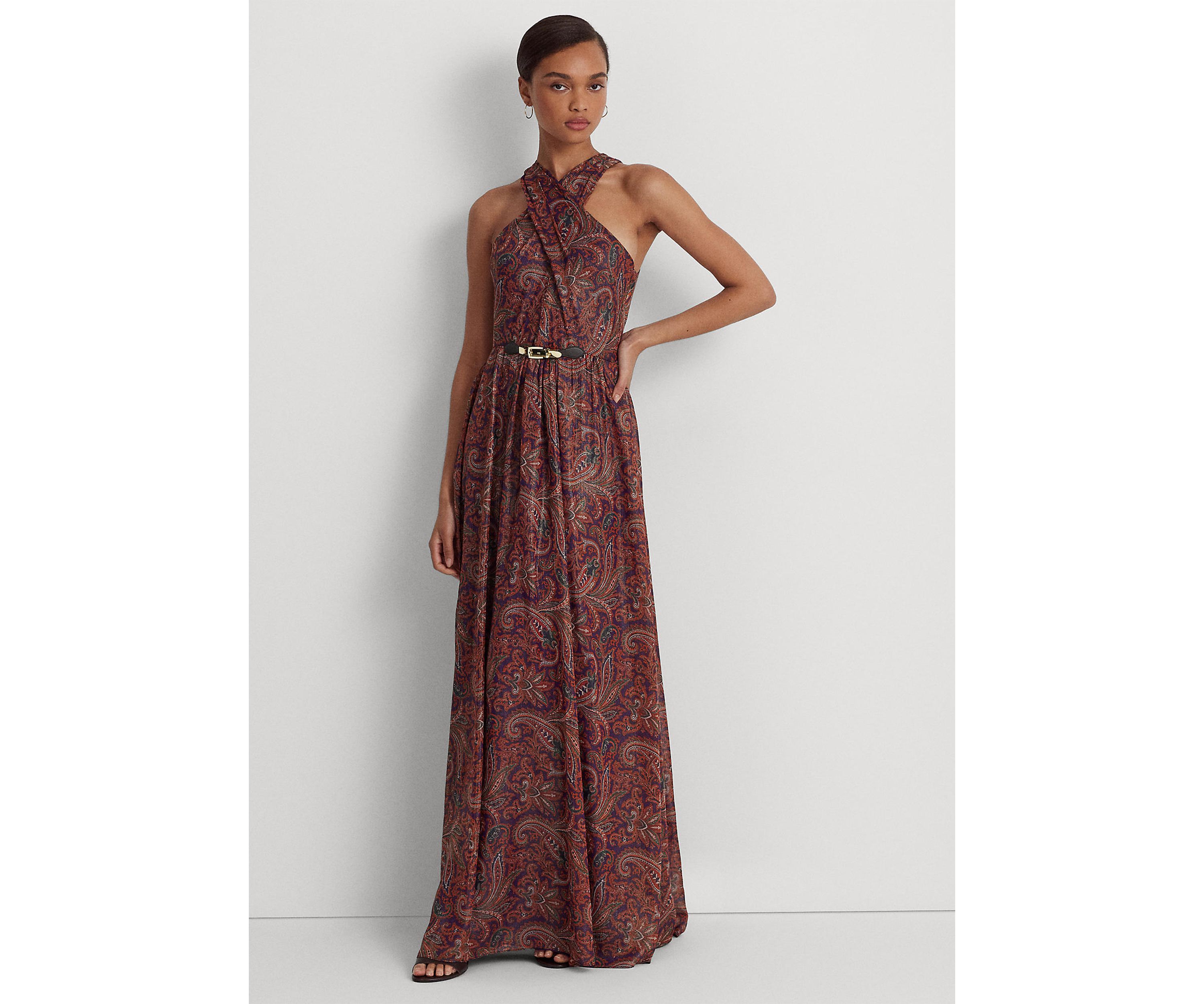 Paisley Metallic Chiffon Halter Gown