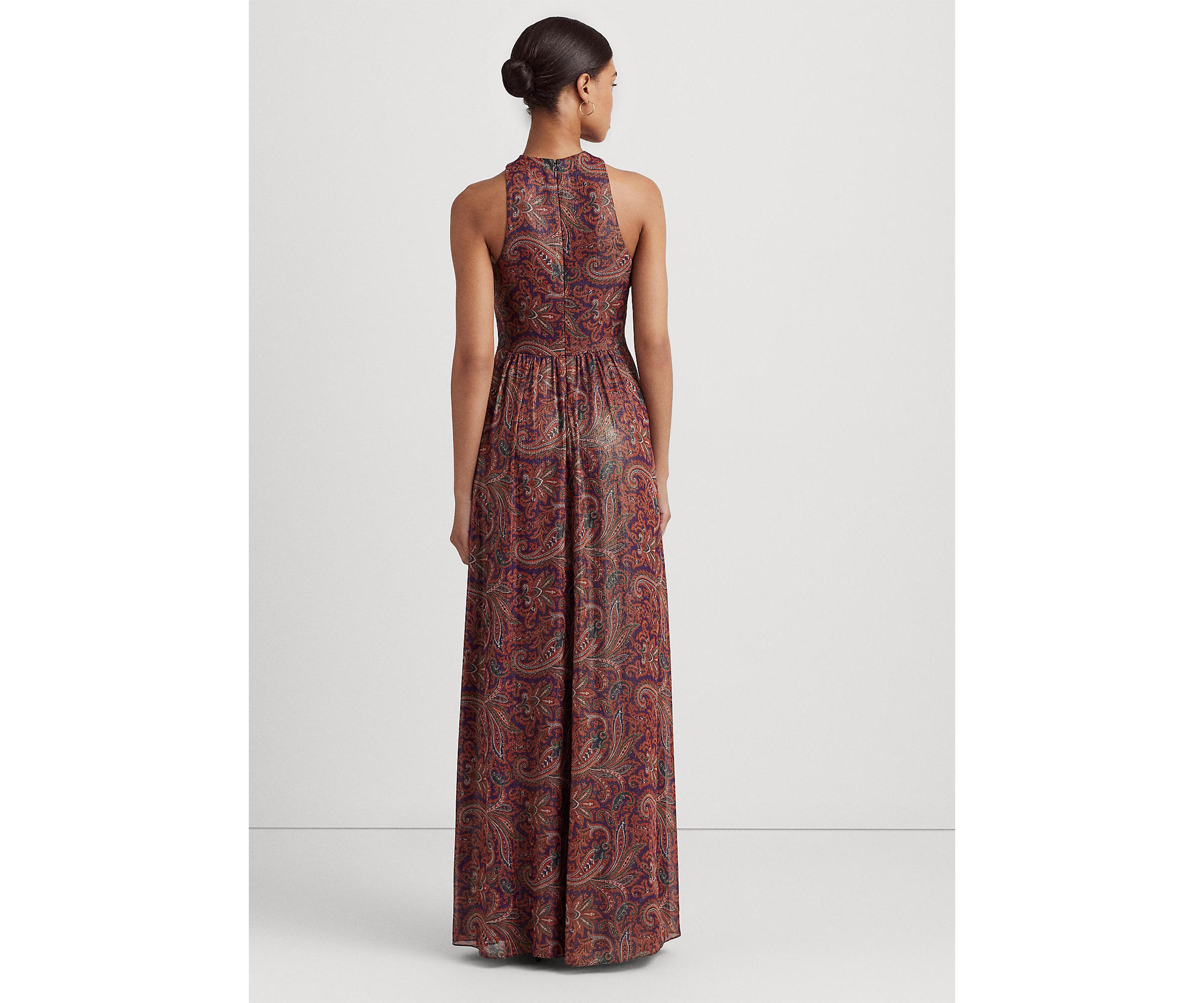 Paisley Metallic Chiffon Halter Gown