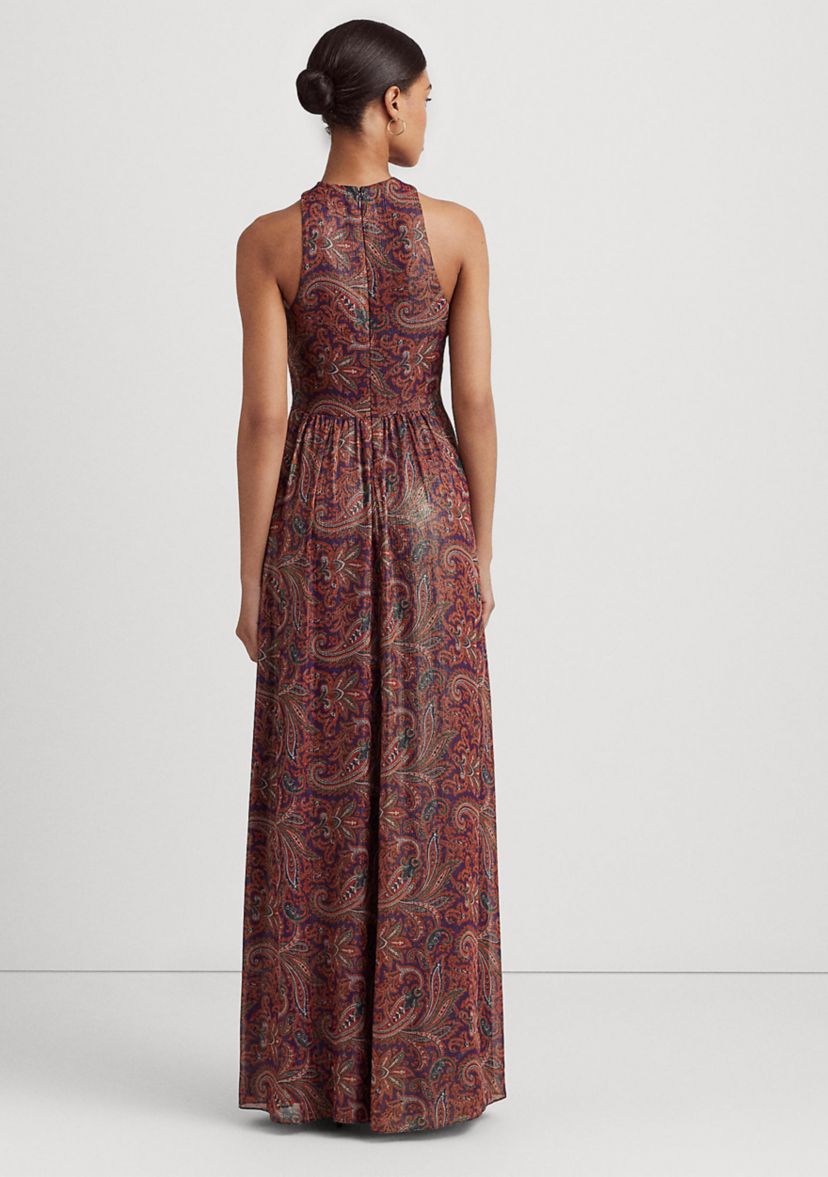Paisley Metallic Chiffon Halter Gown