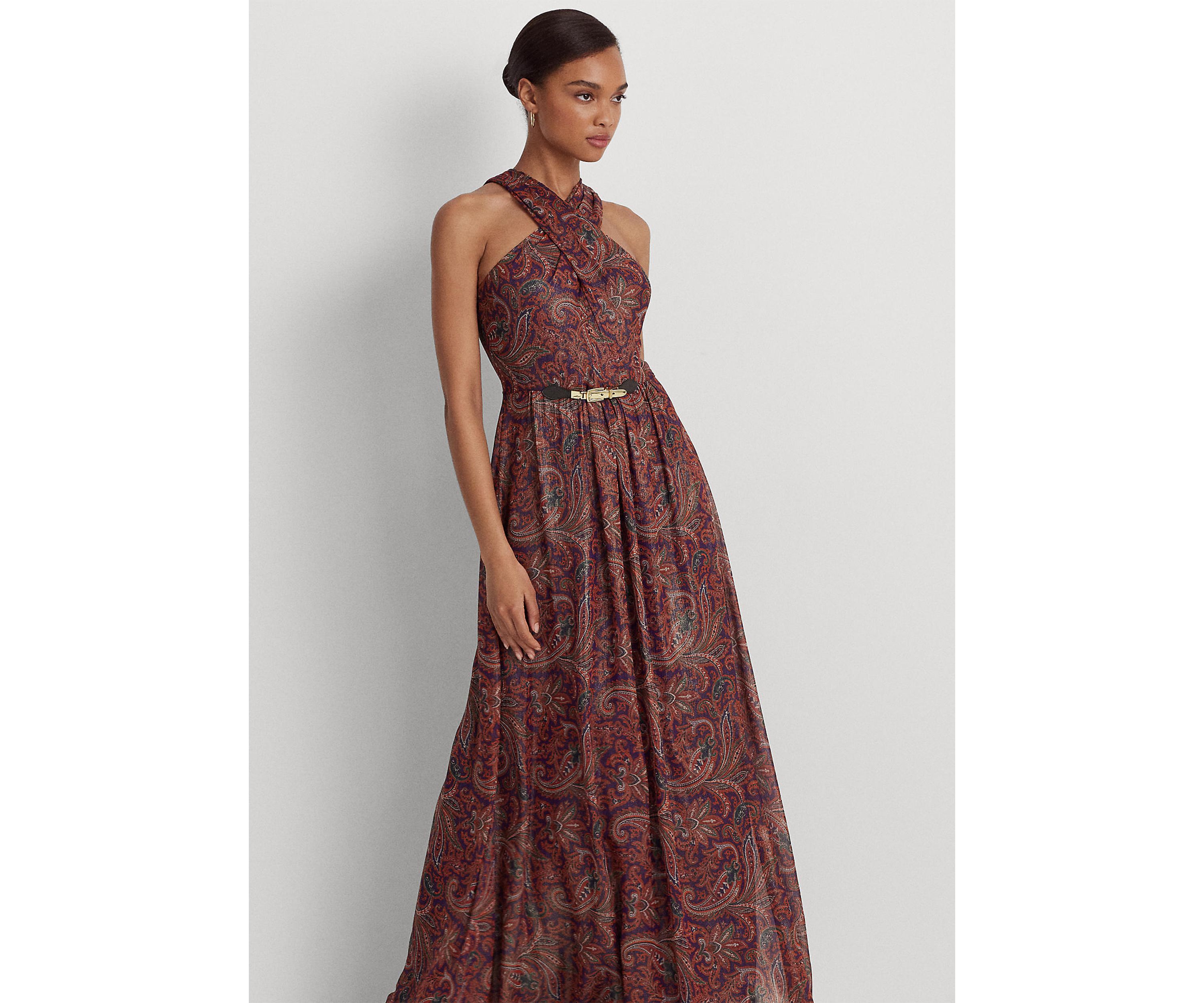 Paisley Metallic Chiffon Halter Gown