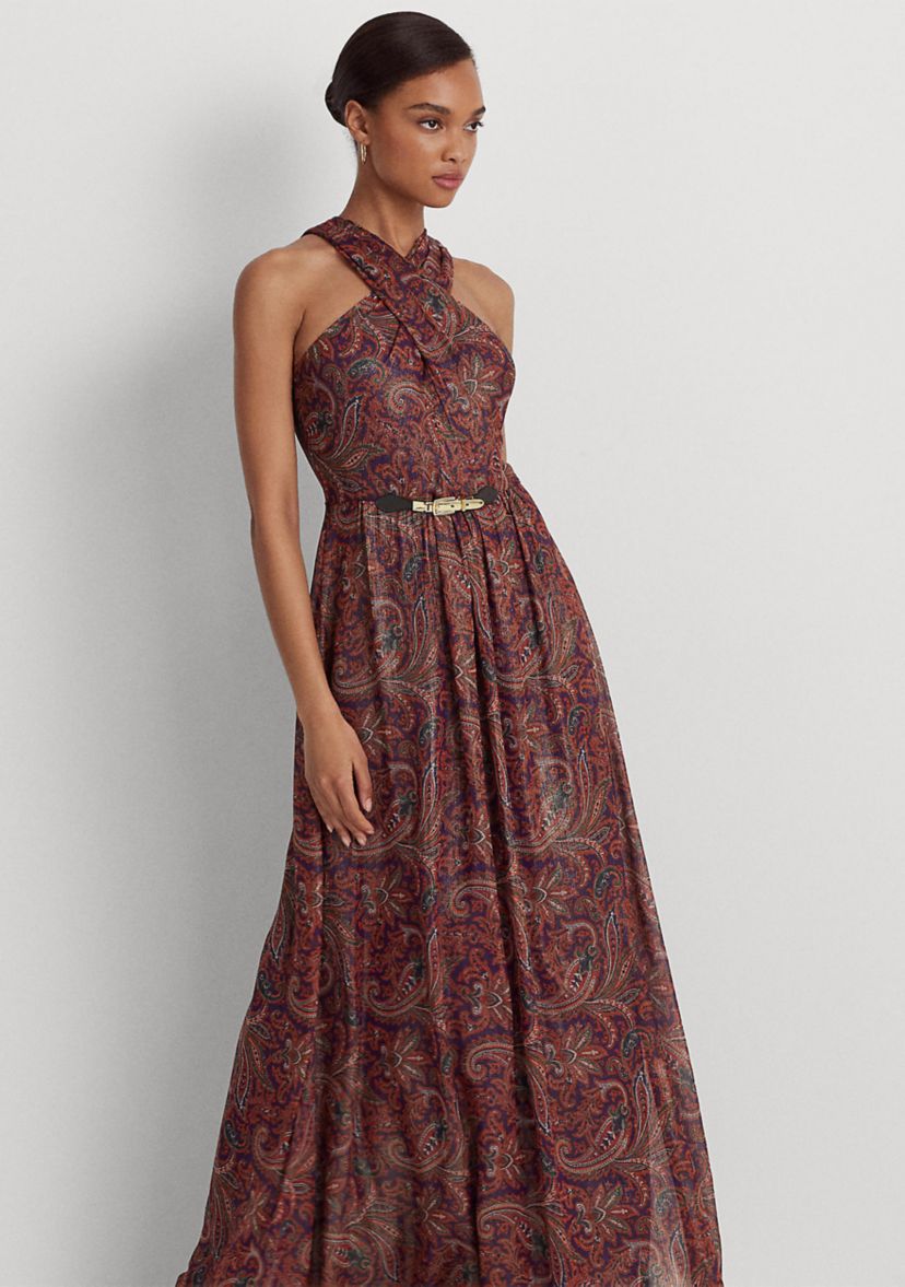 Paisley Metallic Chiffon Halter Gown