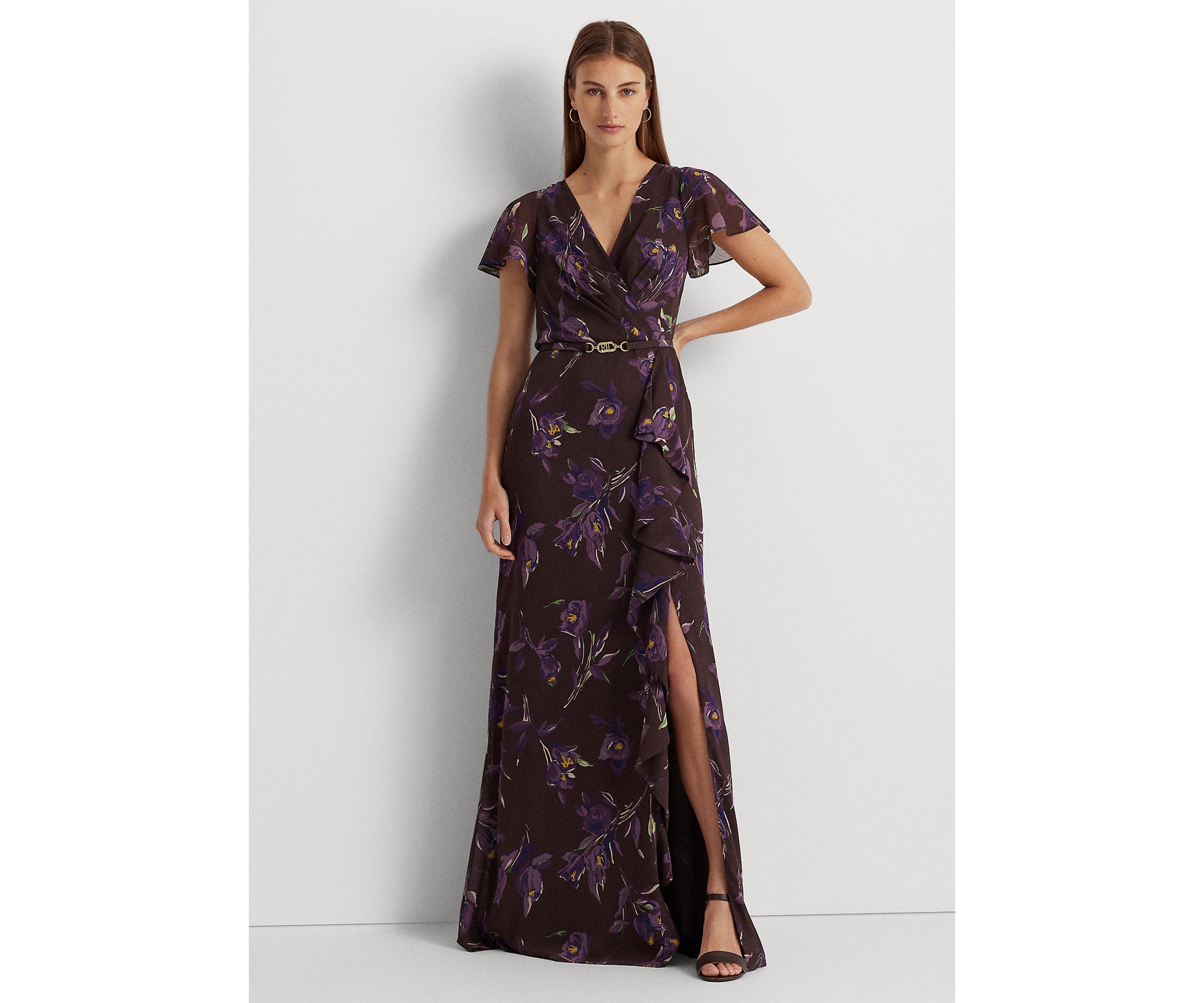 Floral Belted Georgette Flutter Sleeve Gown