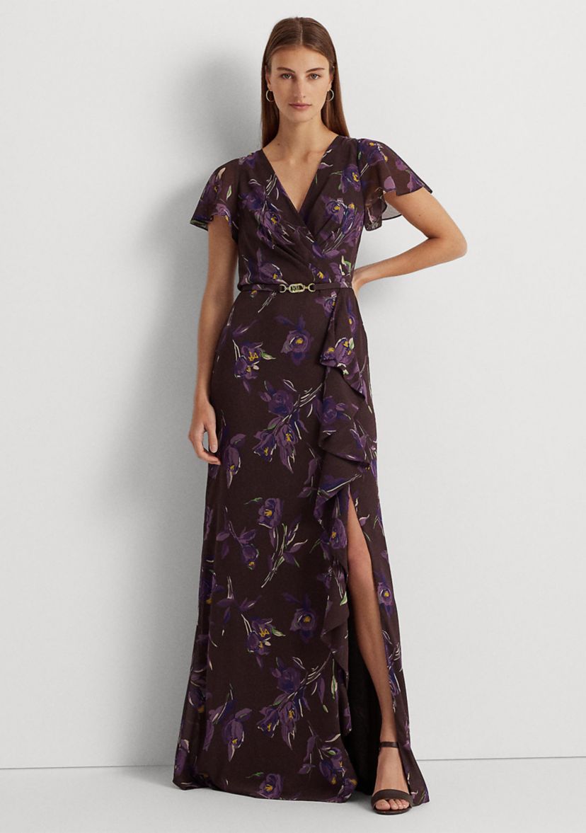 Floral Belted Georgette Flutter Sleeve Gown
