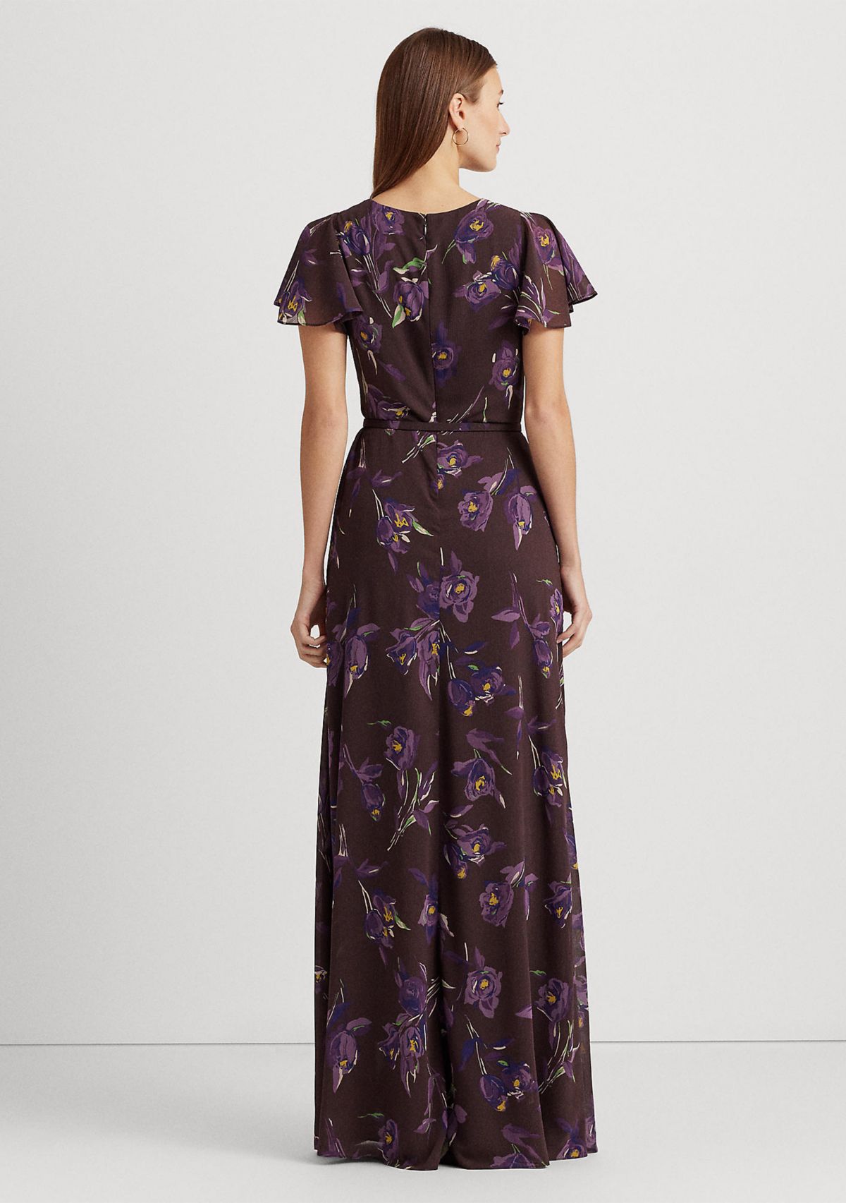 Floral Belted Georgette Flutter Sleeve Gown