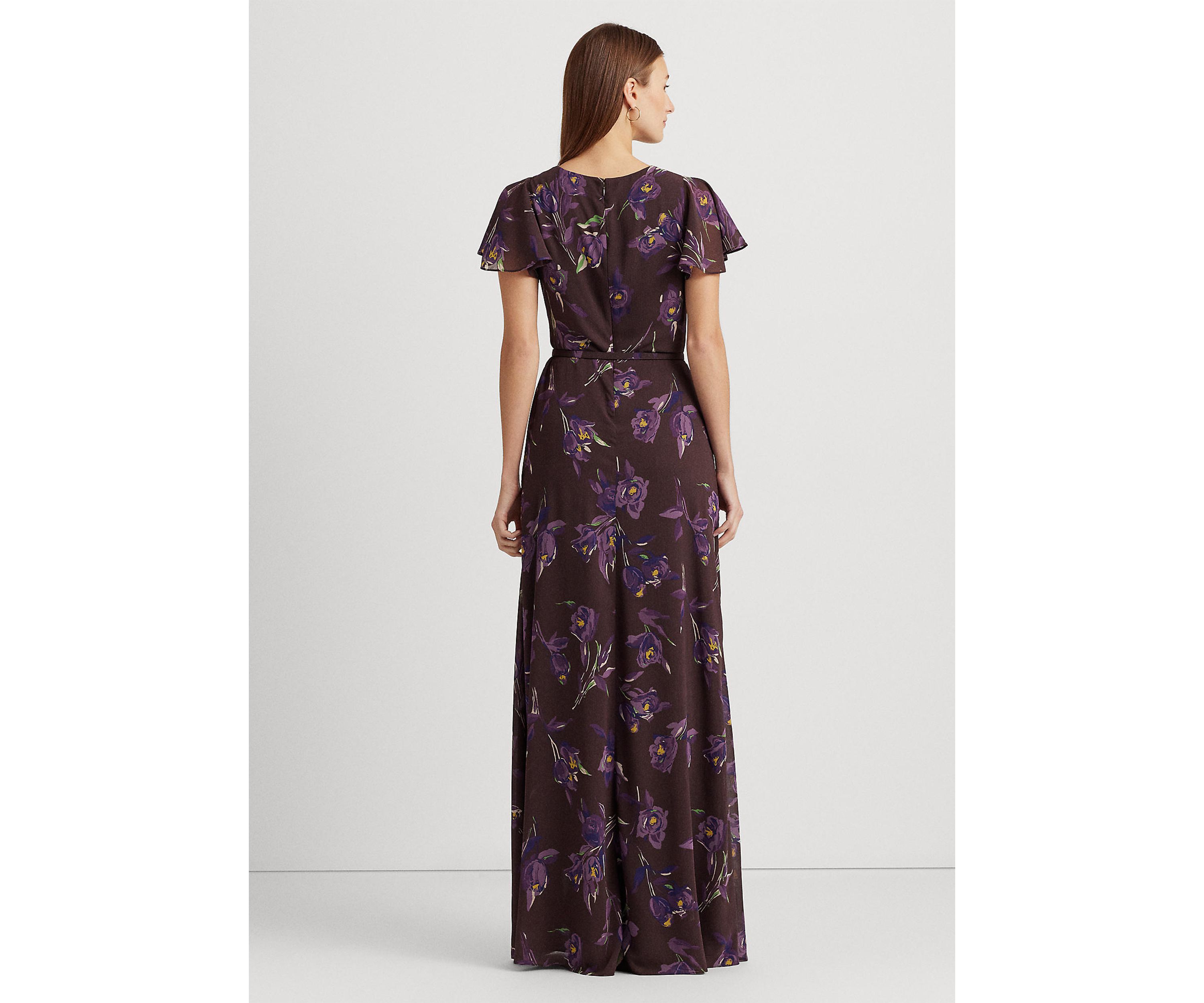 Floral Belted Georgette Flutter Sleeve Gown