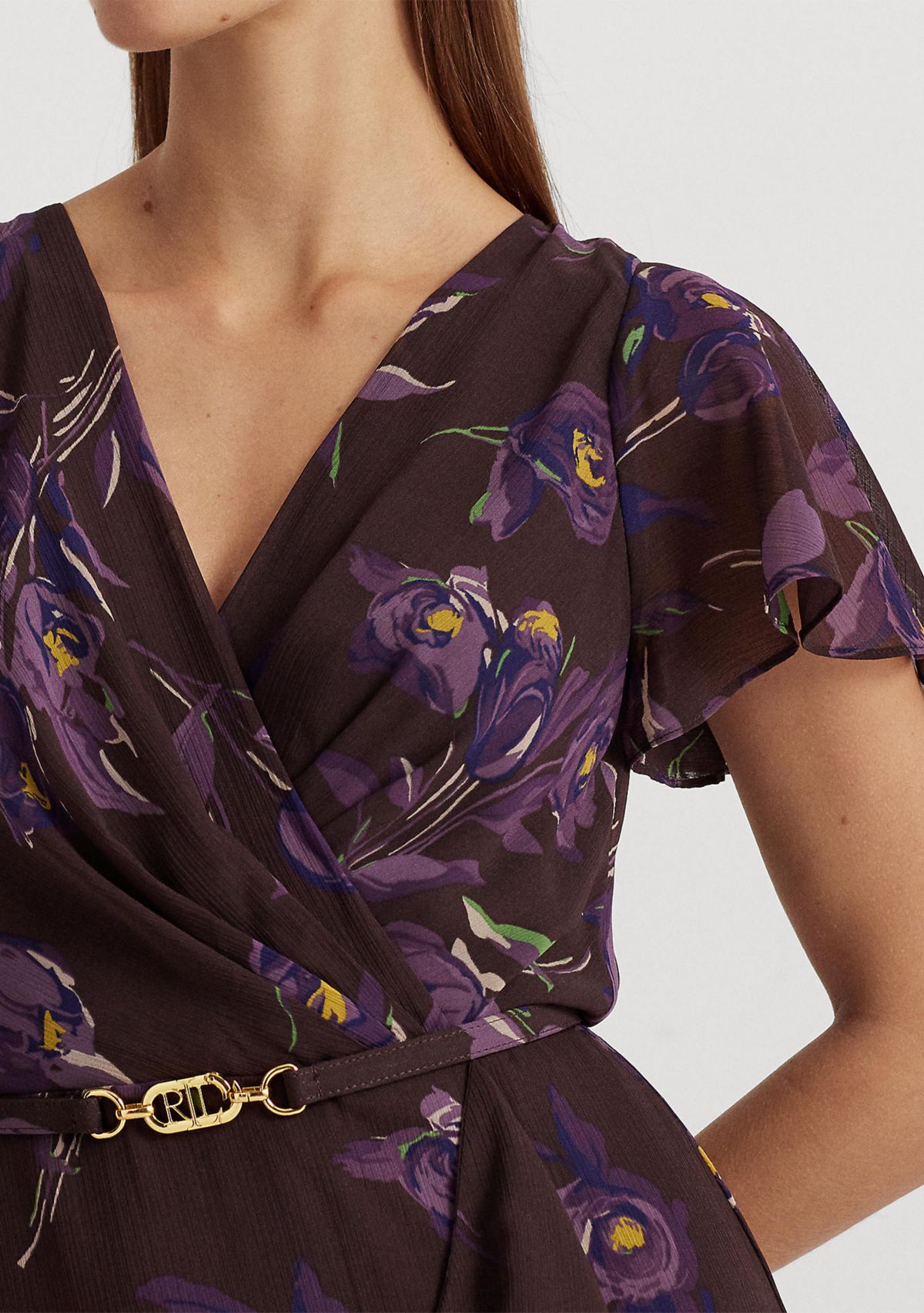 Floral Belted Georgette Flutter Sleeve Gown