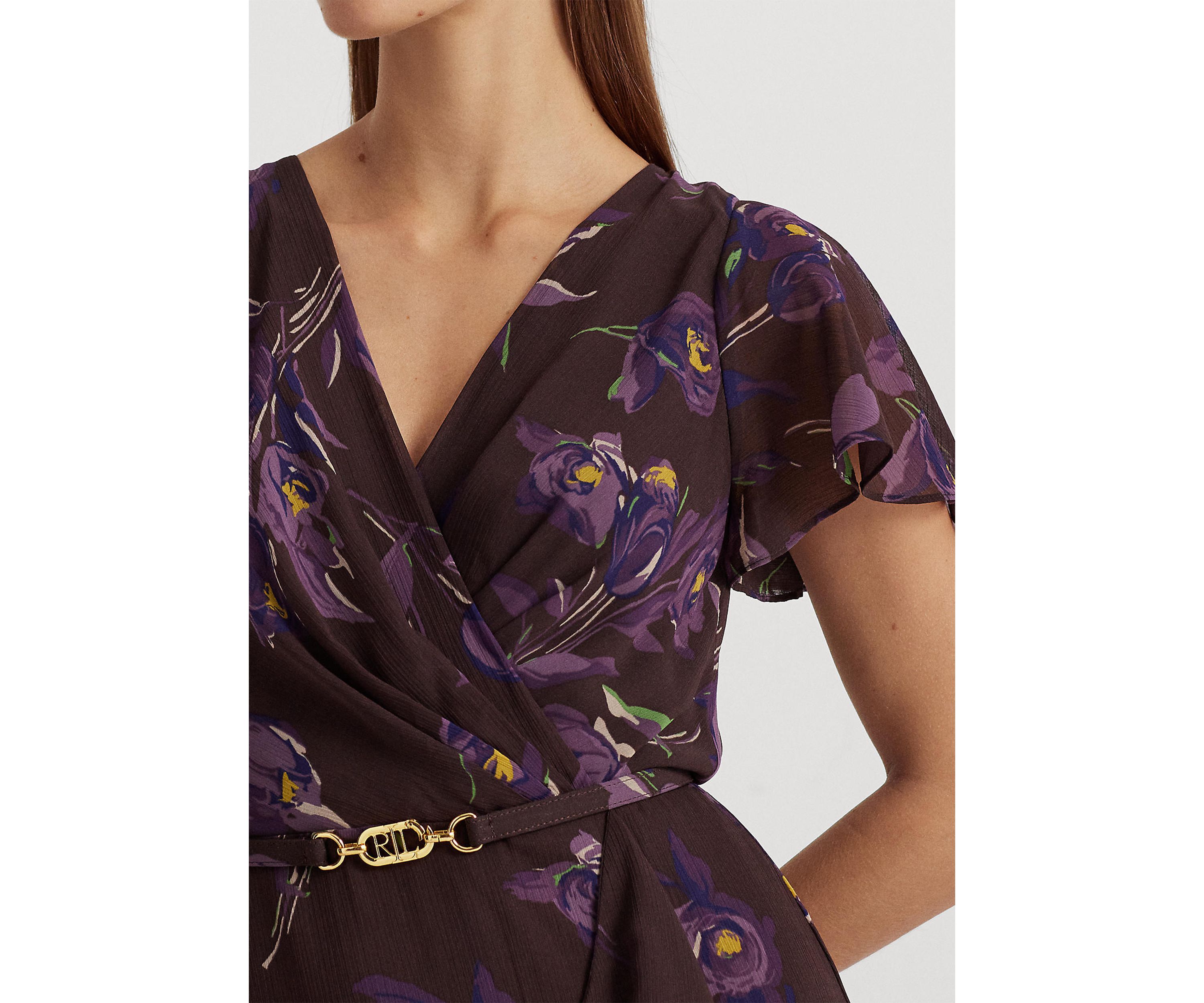 Floral Belted Georgette Flutter Sleeve Gown